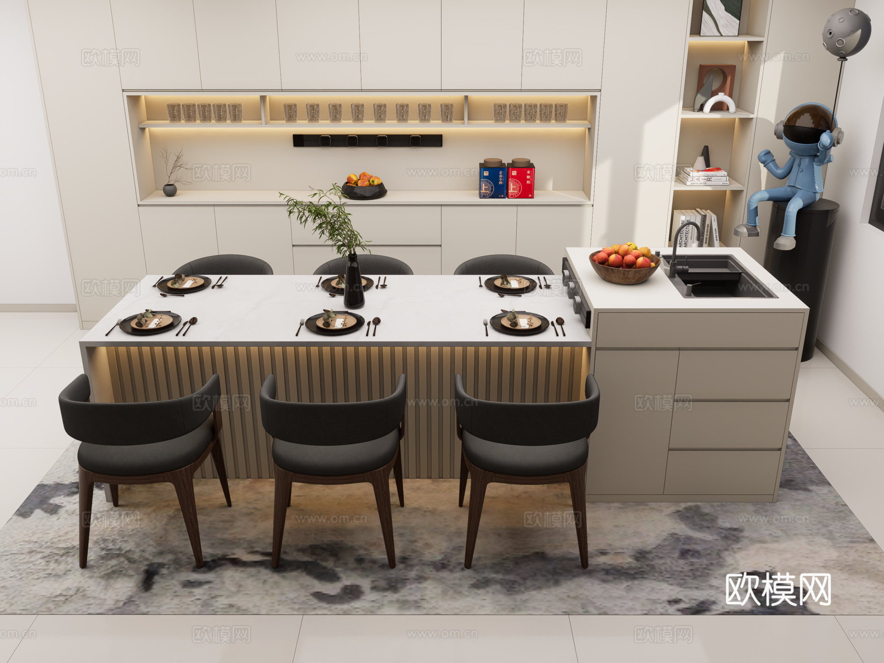 现代岛台餐桌椅 中岛台 家居吧台 餐边柜 摆件su模型
