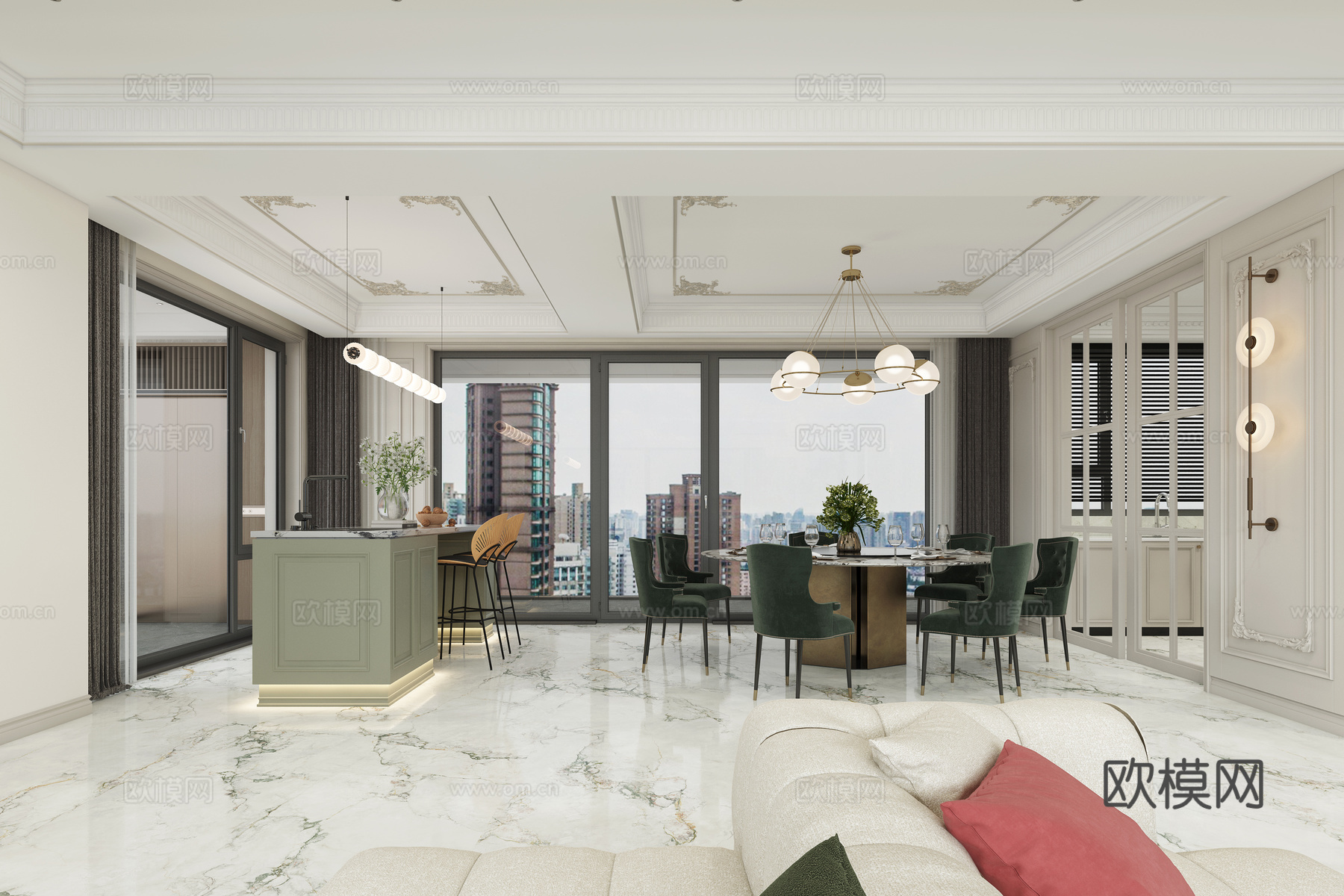 法式客餐厅 大平层 水吧台 钢琴 圆形餐桌 法式鎏金吊顶 法3d模型下载（渲染图5）
