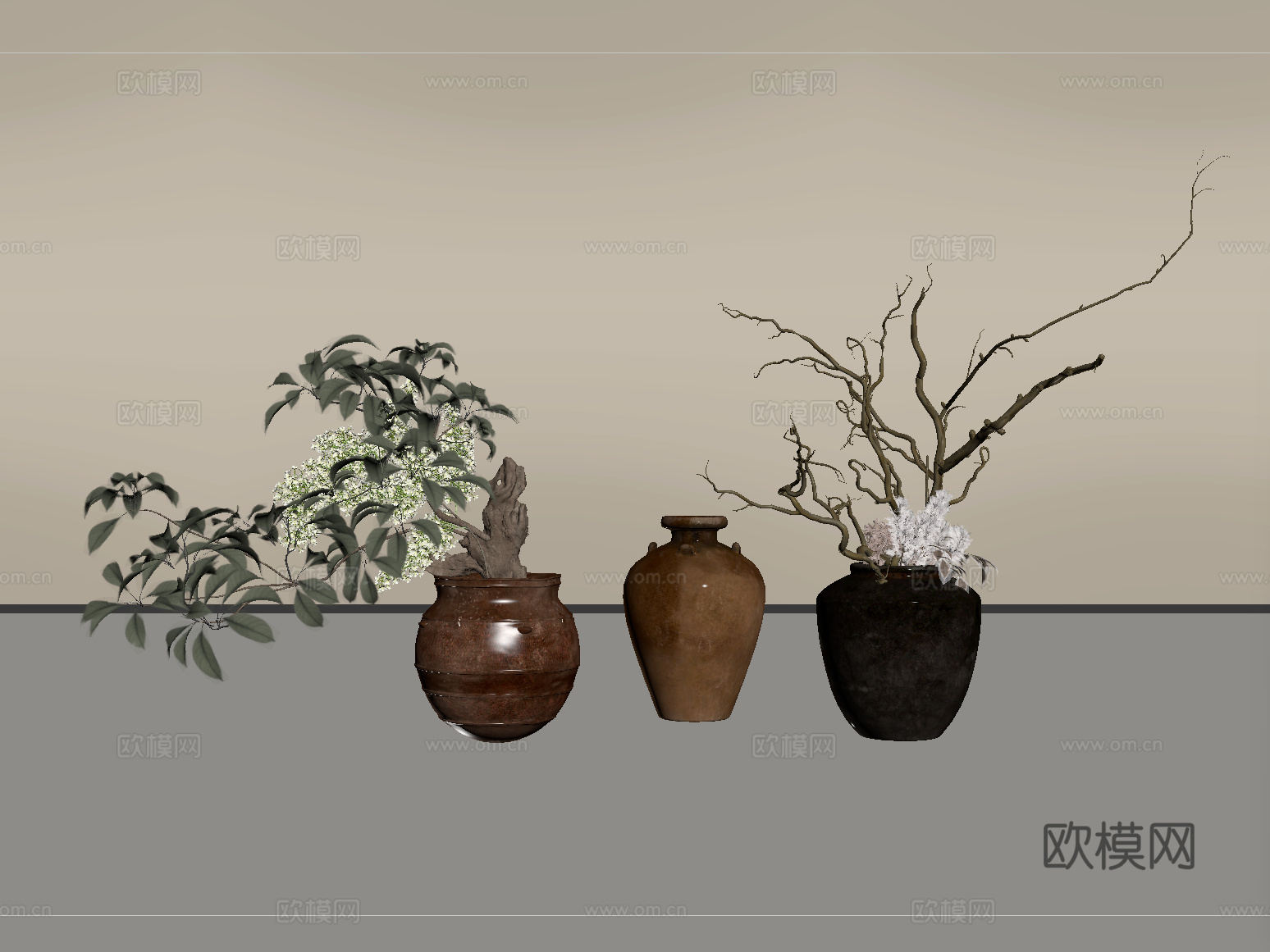 侘寂陶罐花瓶 罐子 干枝 花艺su模型