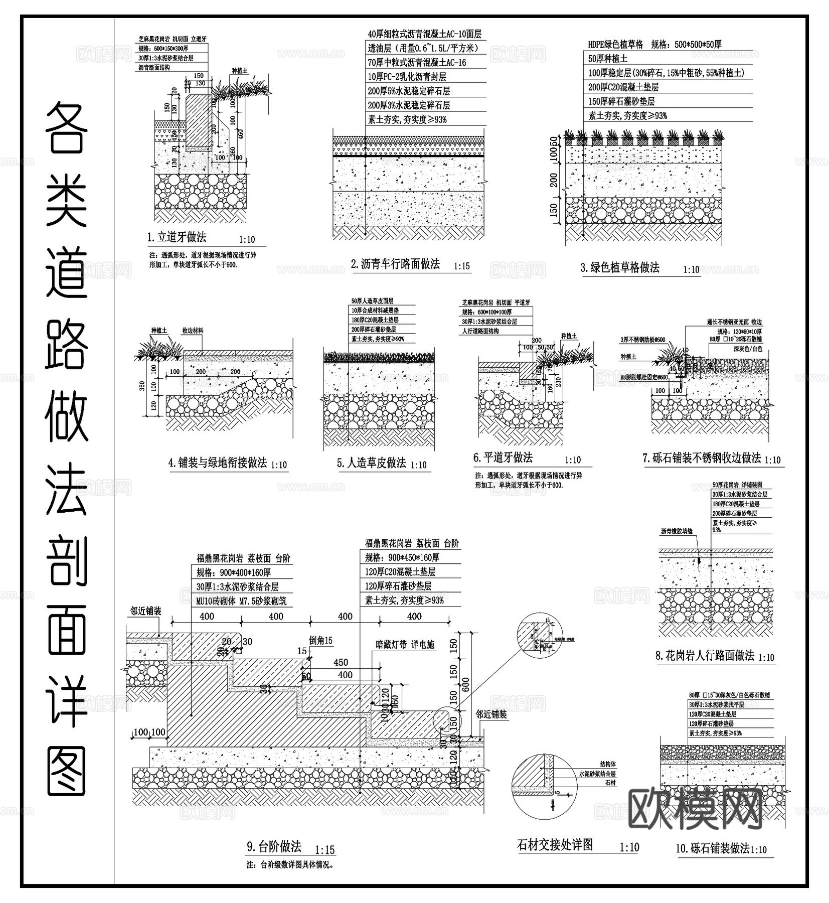 立道平道牙做法 道路铺装  绿色植草做法 台阶做法cad施工图下载（渲染图1）