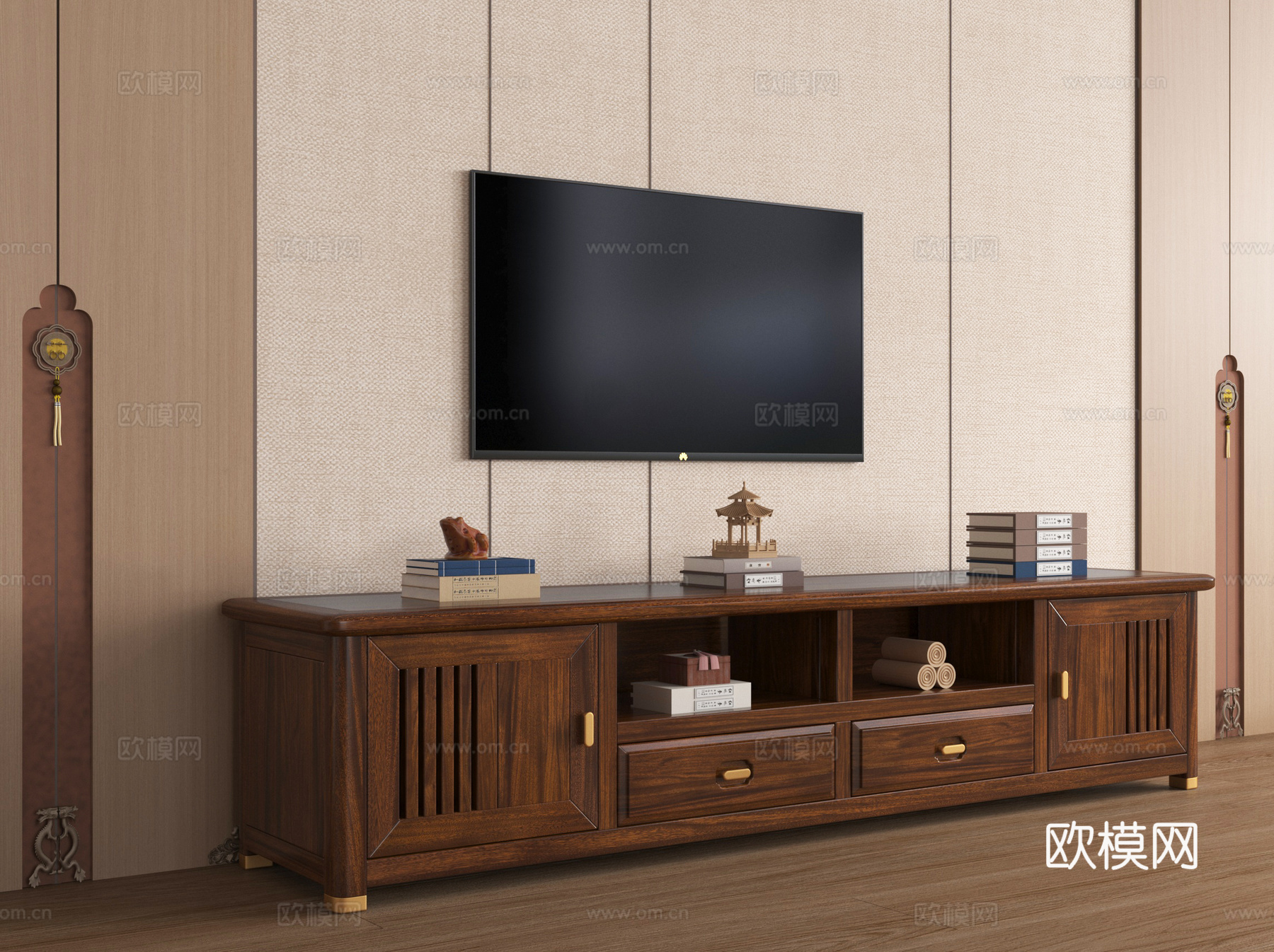 新中式电视柜 电视 饰品摆件su模型