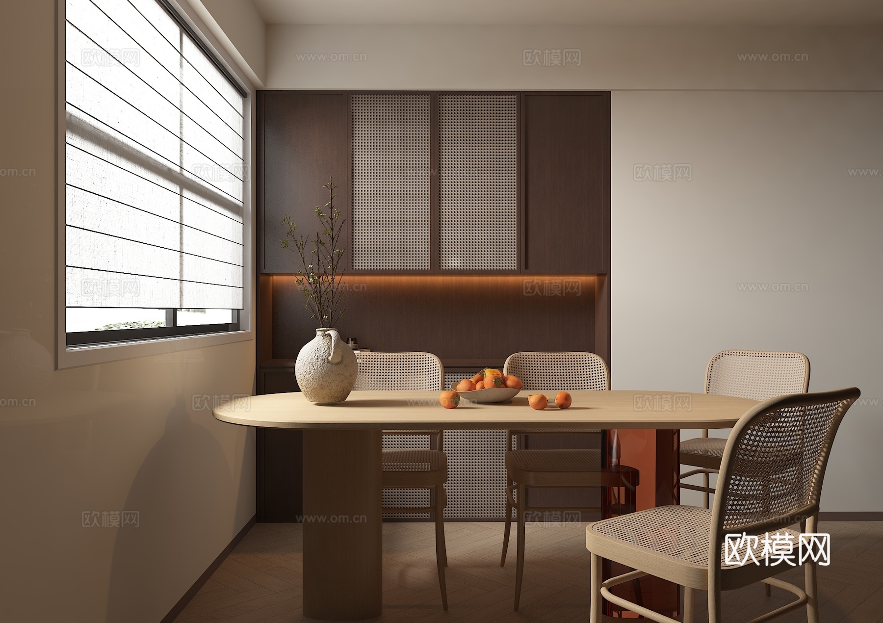 现代侘寂中古风餐厅 餐桌椅 餐边柜 酒柜 无主灯餐厅 盆栽3d模型下载（渲染图1）