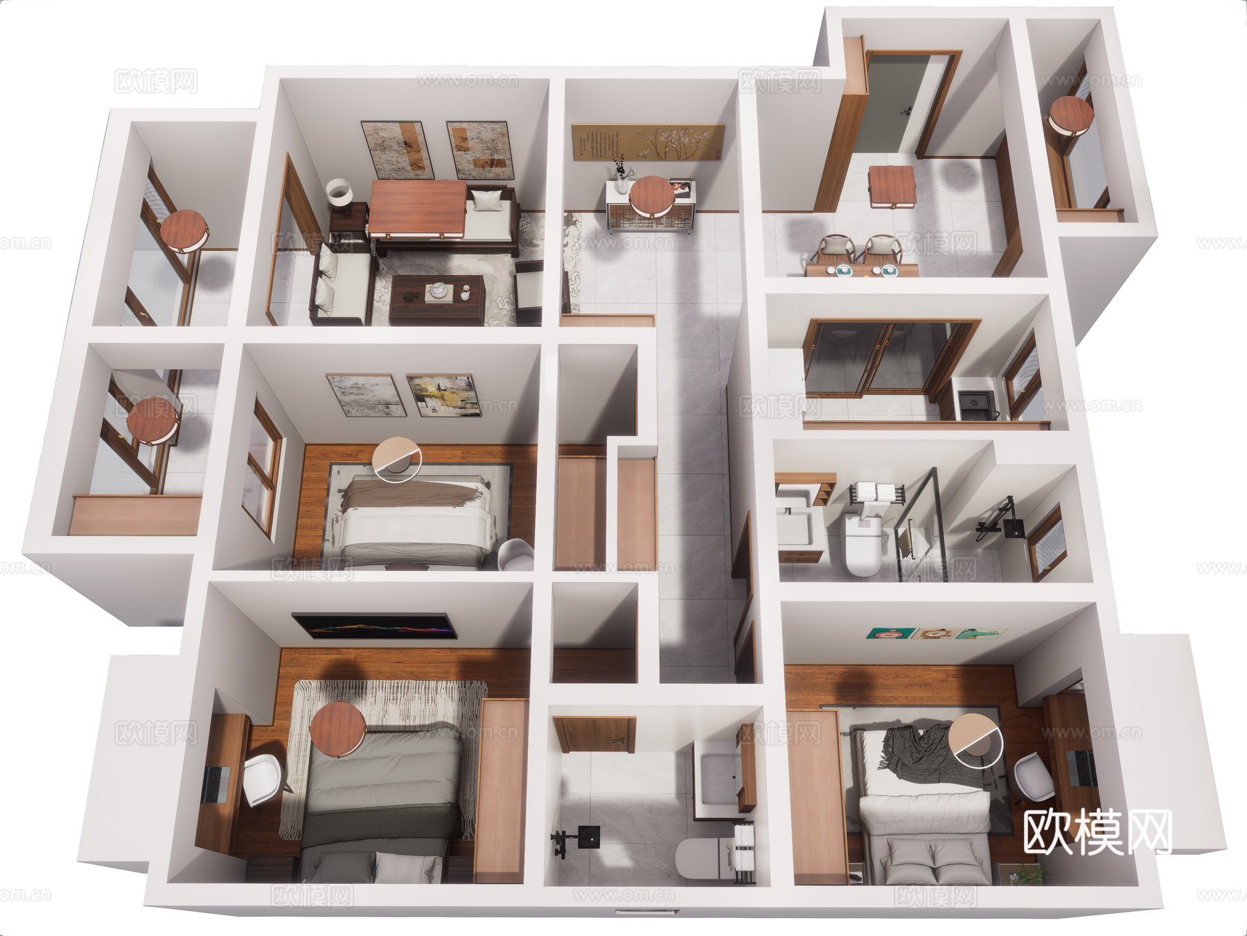 新中式家装鸟瞰 原木风格 大平层 鸟瞰图 新中式家装风格su模型