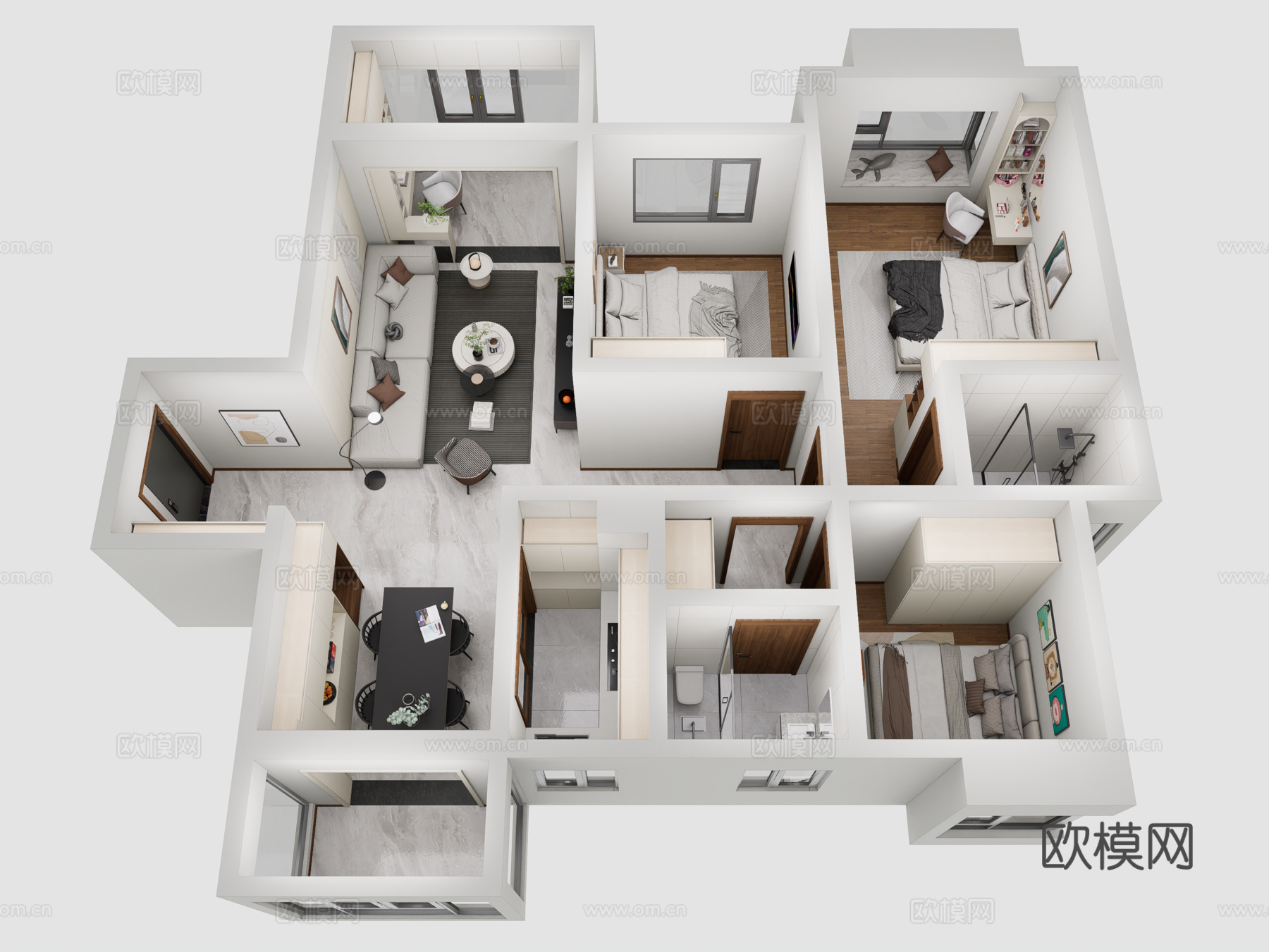 现代风格家装鸟瞰 样板房 客餐厅卧室 厨房卫生间 家具组合su模型