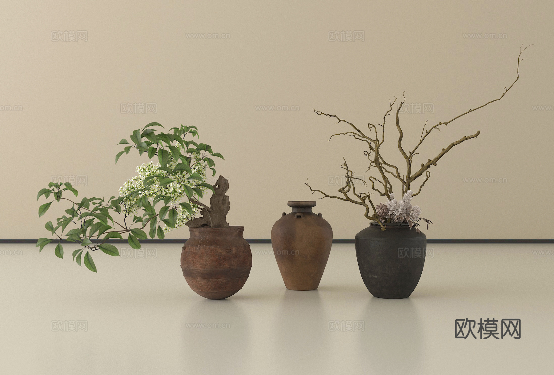 侘寂陶罐花瓶 罐子 干枝 花艺su模型