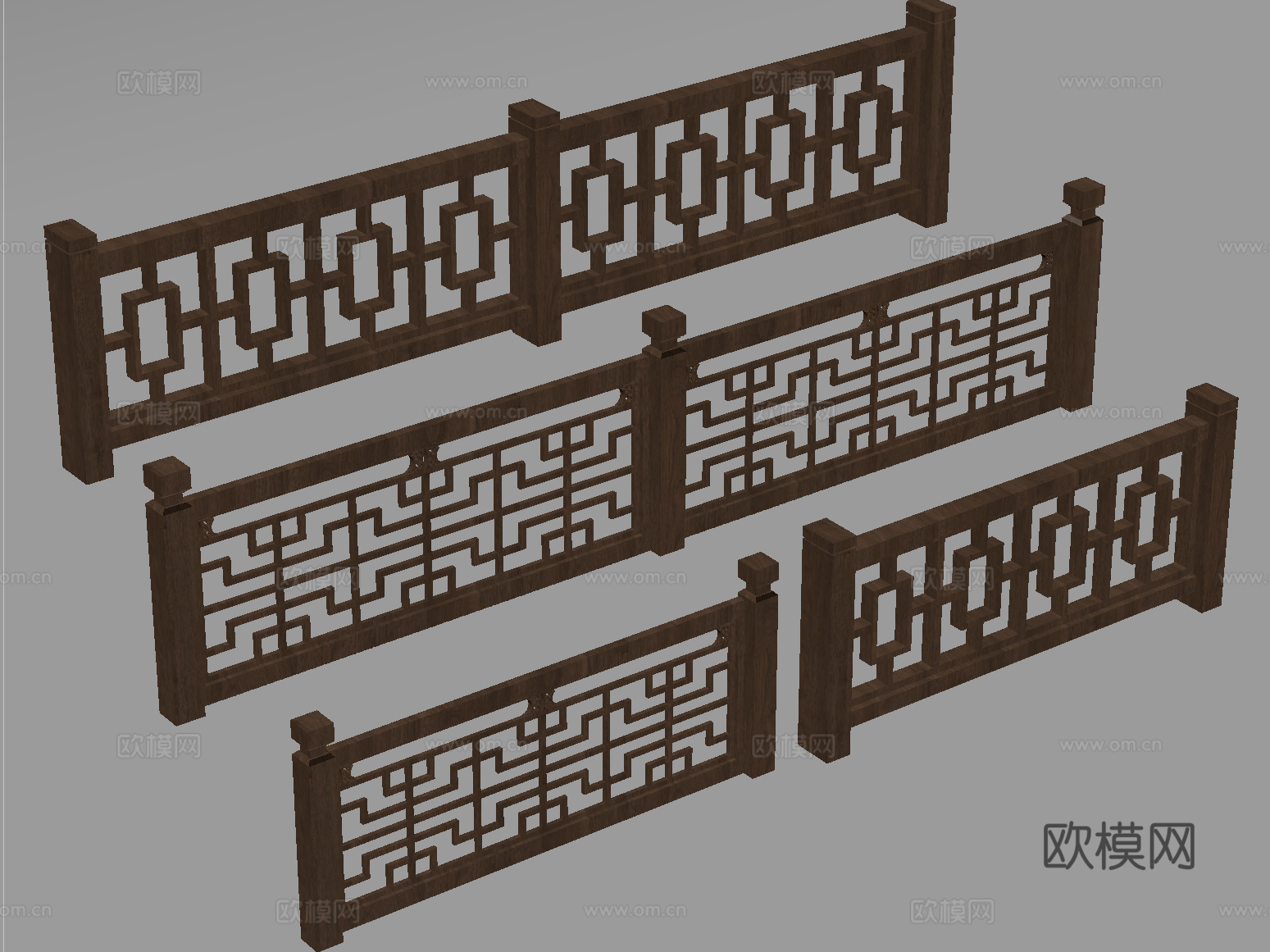 新中式栏杆护栏 栅栏围栏 实木围栏护栏su模型