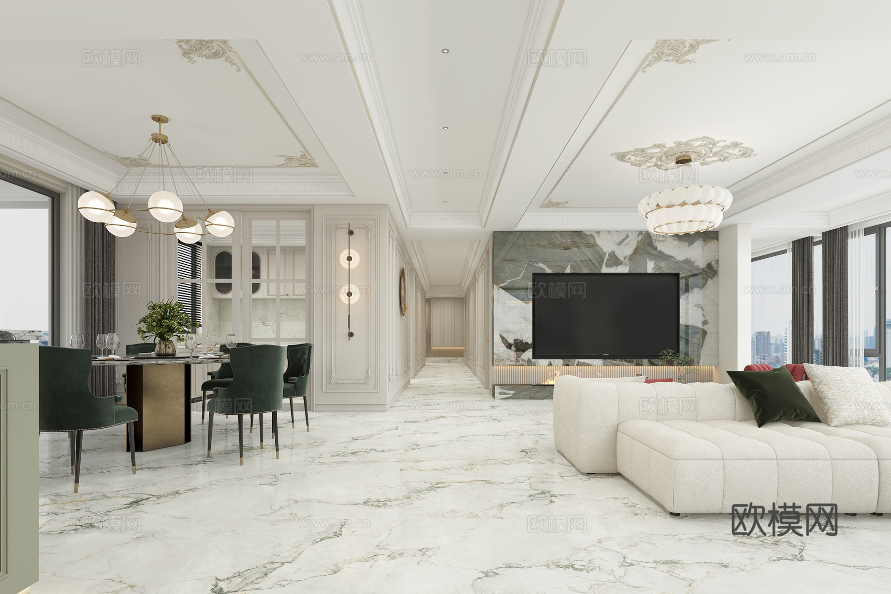 法式客餐厅 大平层 水吧台 钢琴 圆形餐桌 法式鎏金吊顶 法3d模型下载（渲染图2）