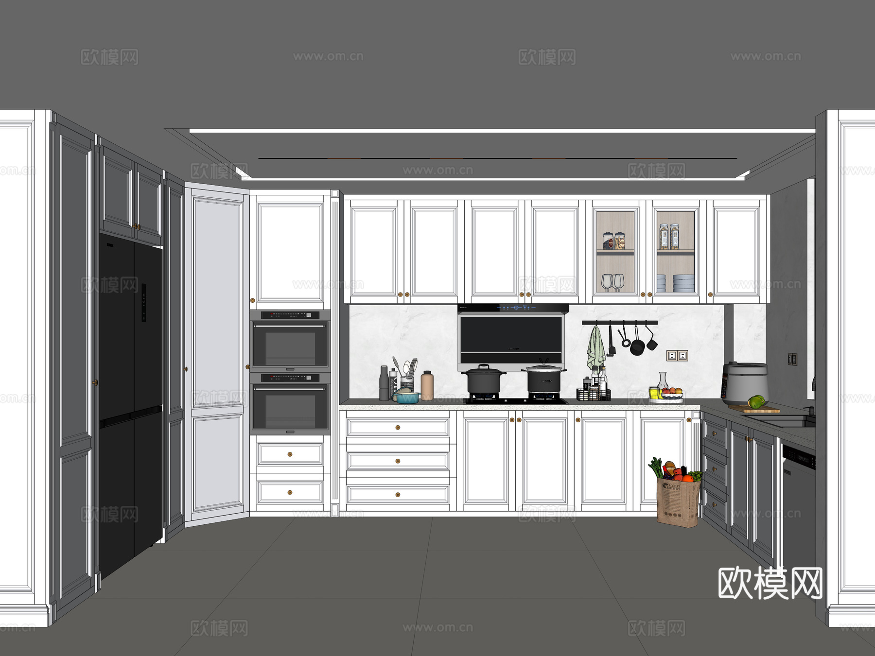 法式开放式厨房 美式U型厨房 橱柜 厨具  厨房用品 厨房su模型