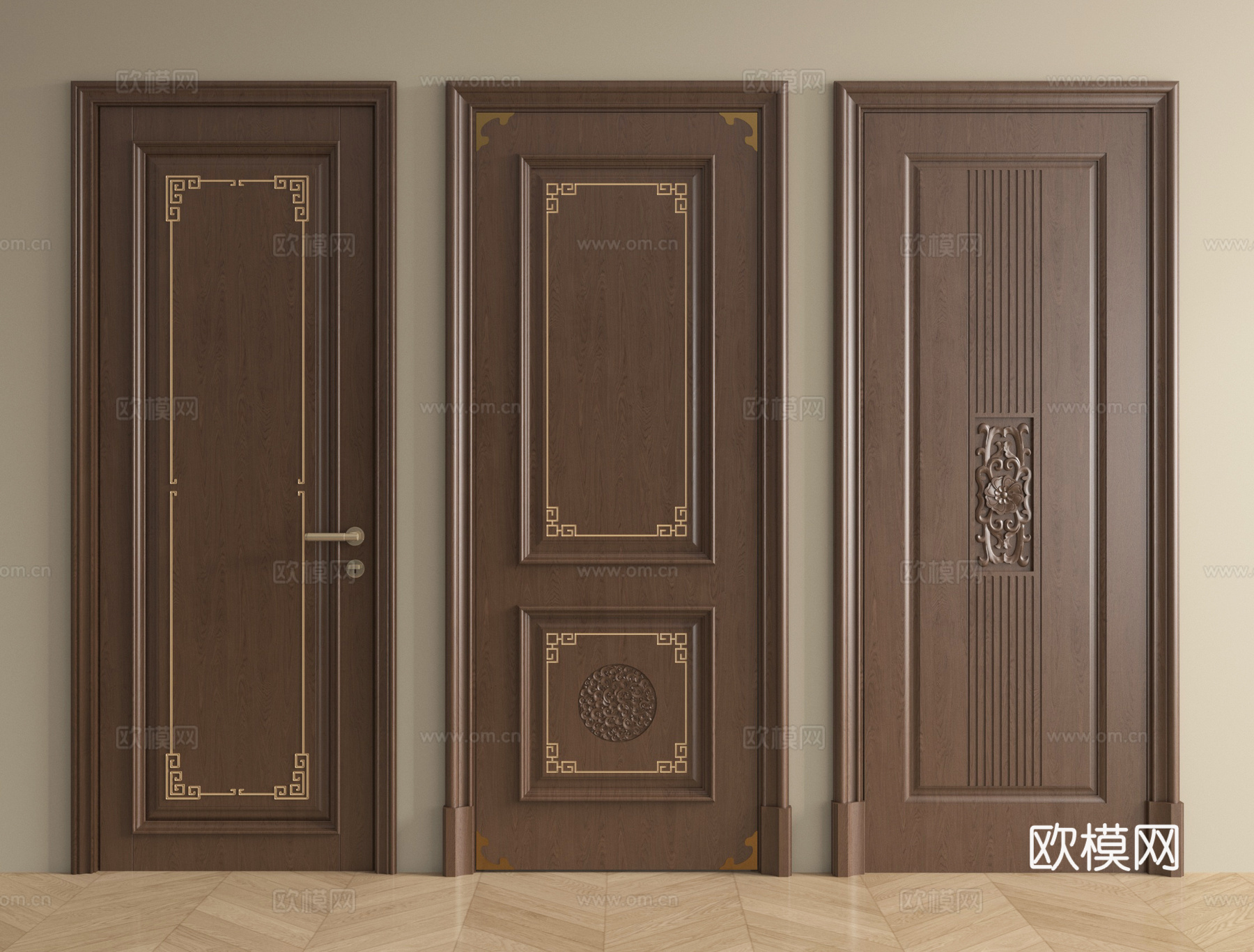 中式雕花单开门 平开门 卧室门 房间门 室内门su模型