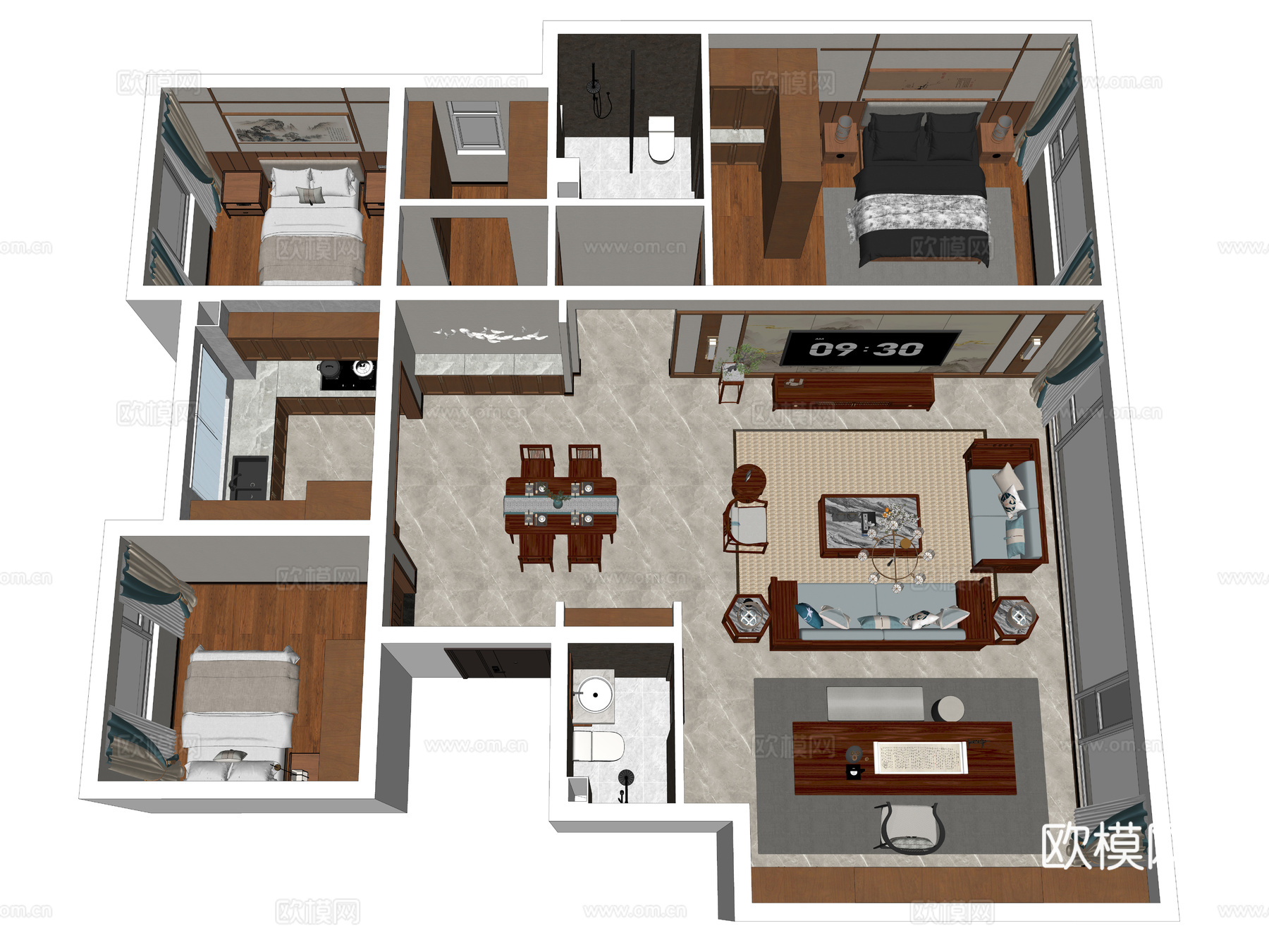 新中式家装鸟瞰 原木风格 大平层 鸟瞰图 新中式家装风格su模型