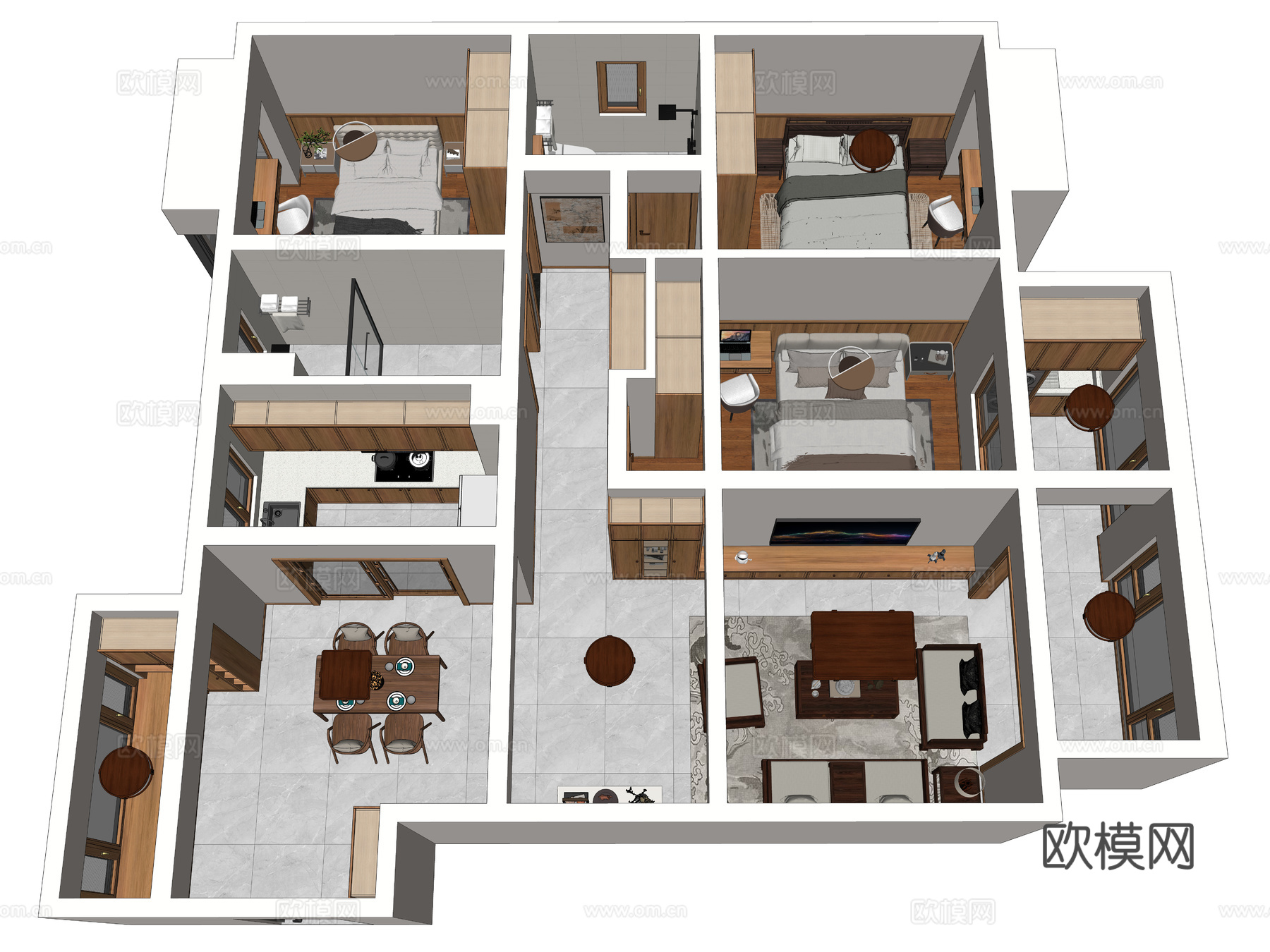 新中式家装鸟瞰 原木风格 大平层 鸟瞰图 新中式家装风格su模型