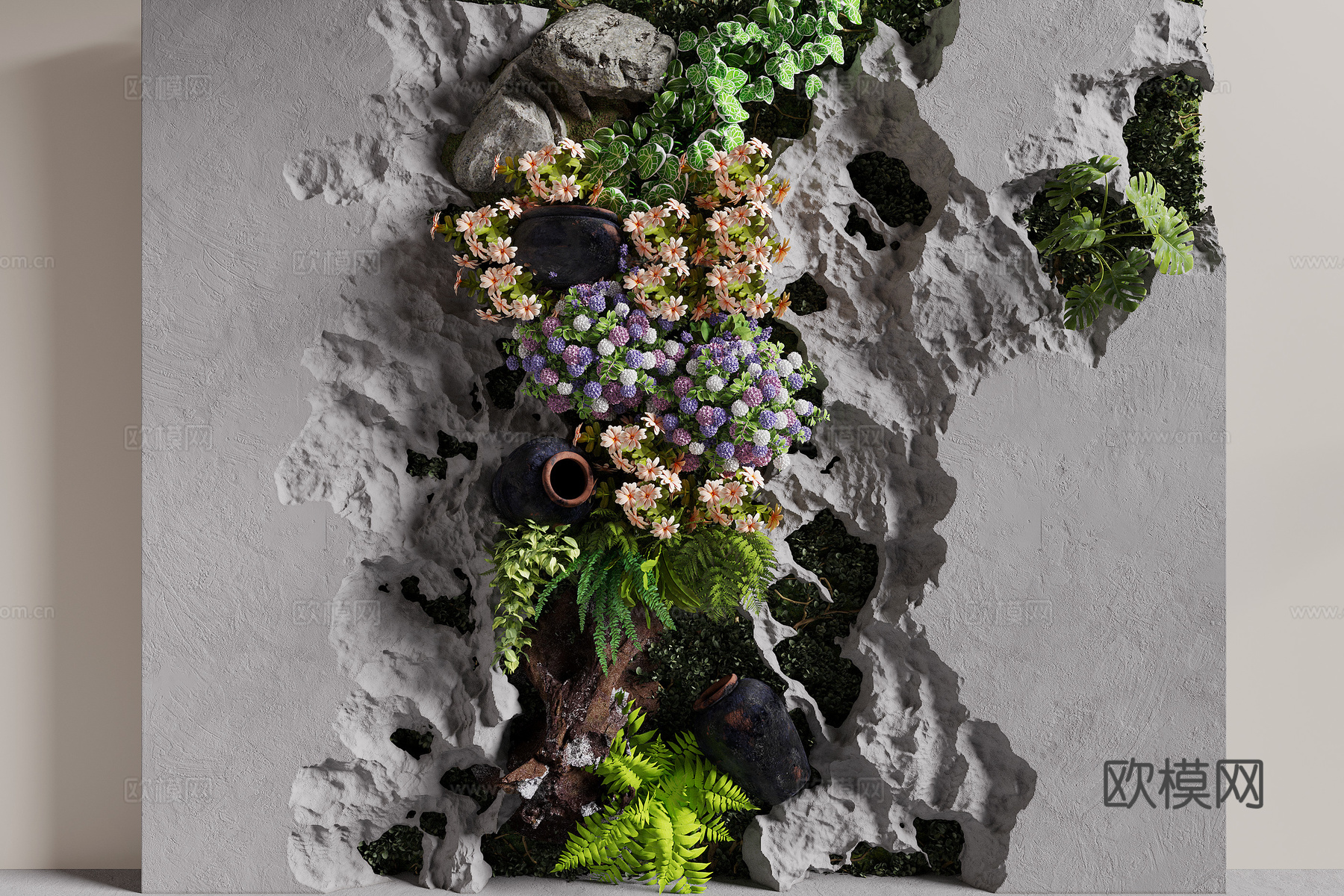 现代植物墙 绿植墙 室内造景 石头造景 植物造景su模型