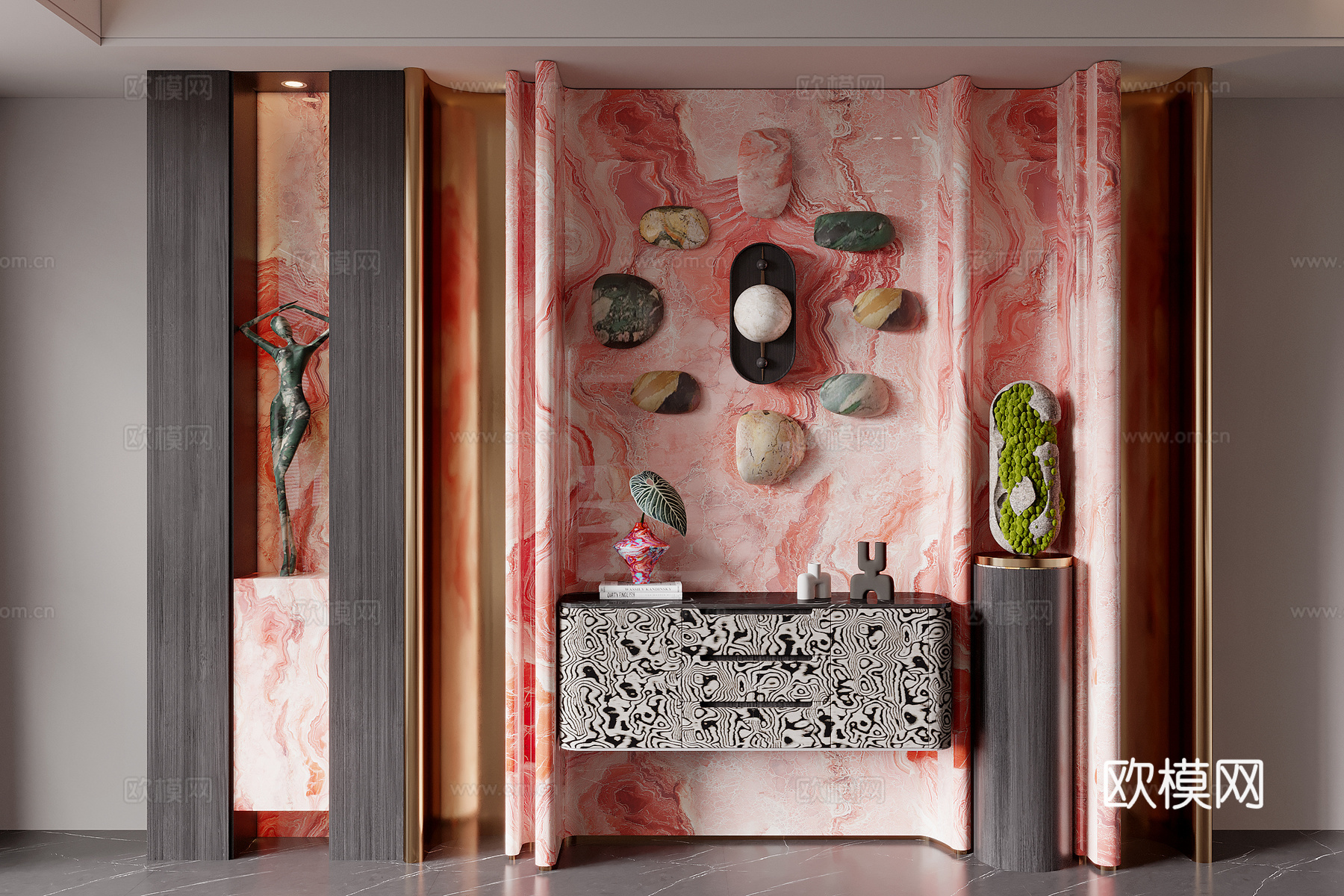 现代玄关背景墙 玄关过道背景 端景台 艺术装置 石头挂件 花3d模型下载