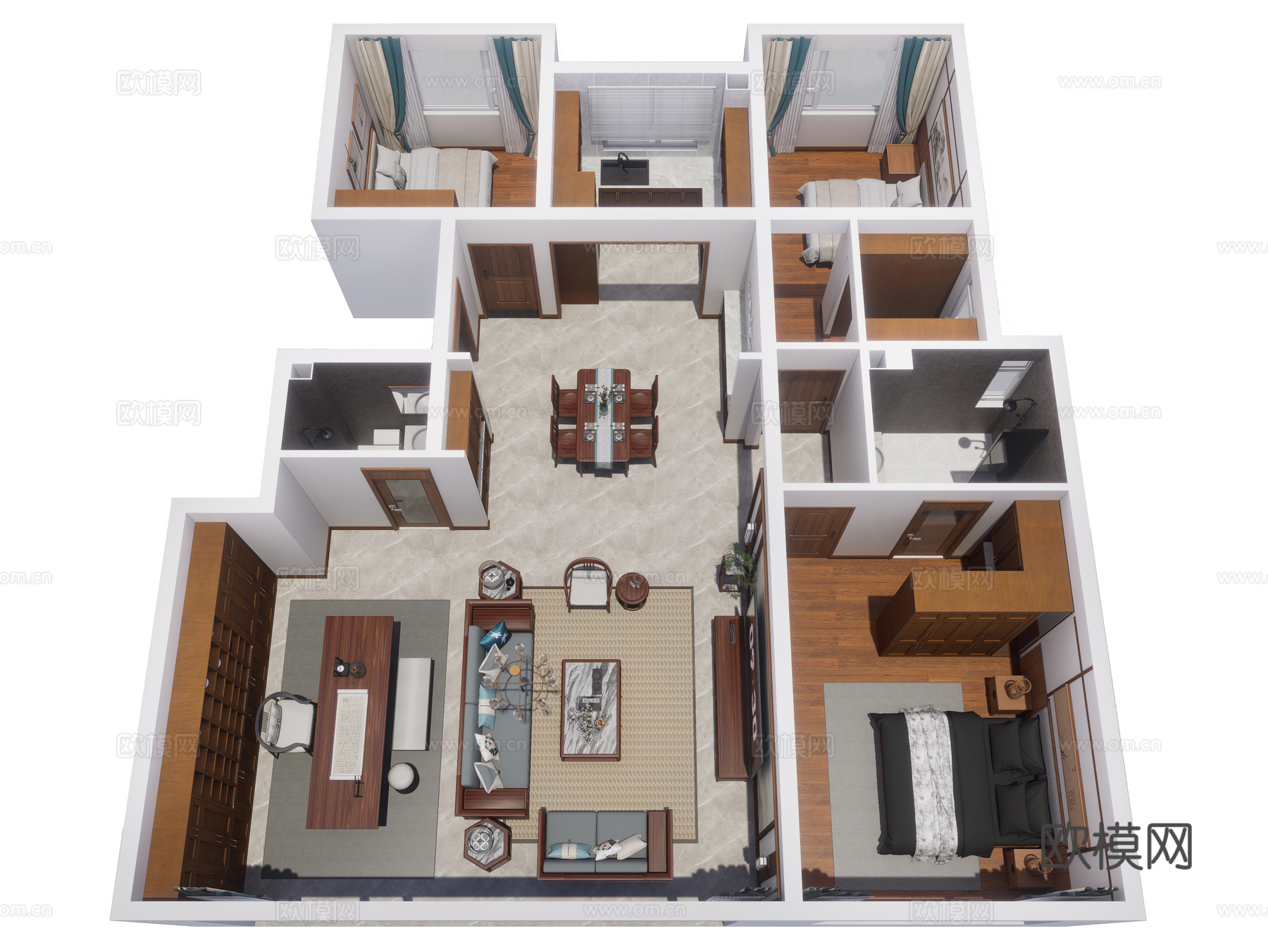 新中式家装鸟瞰 原木风格 大平层 鸟瞰图 新中式家装风格su模型