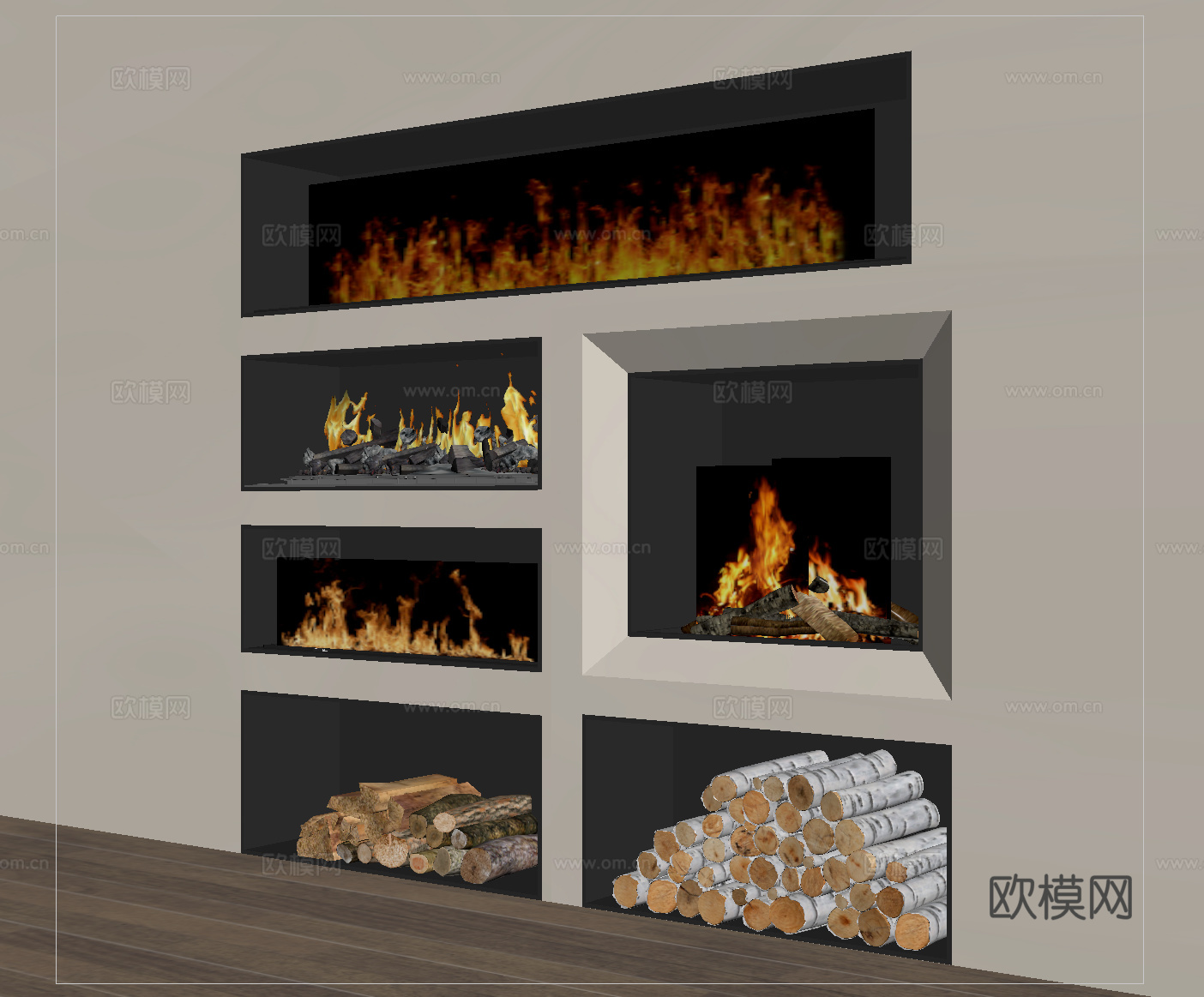 现代壁炉 木材 火焰 电子壁炉su模型