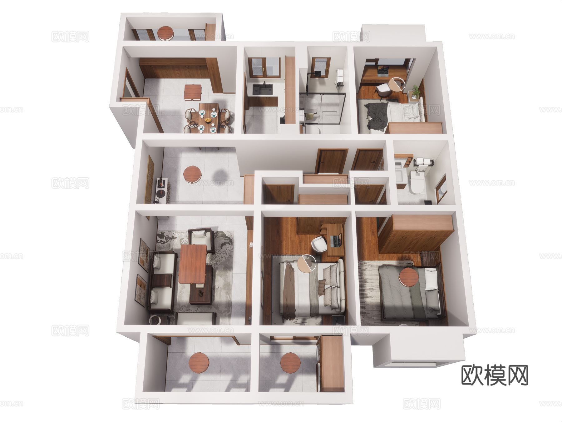 新中式家装鸟瞰 原木风格 大平层 鸟瞰图 新中式家装风格su模型