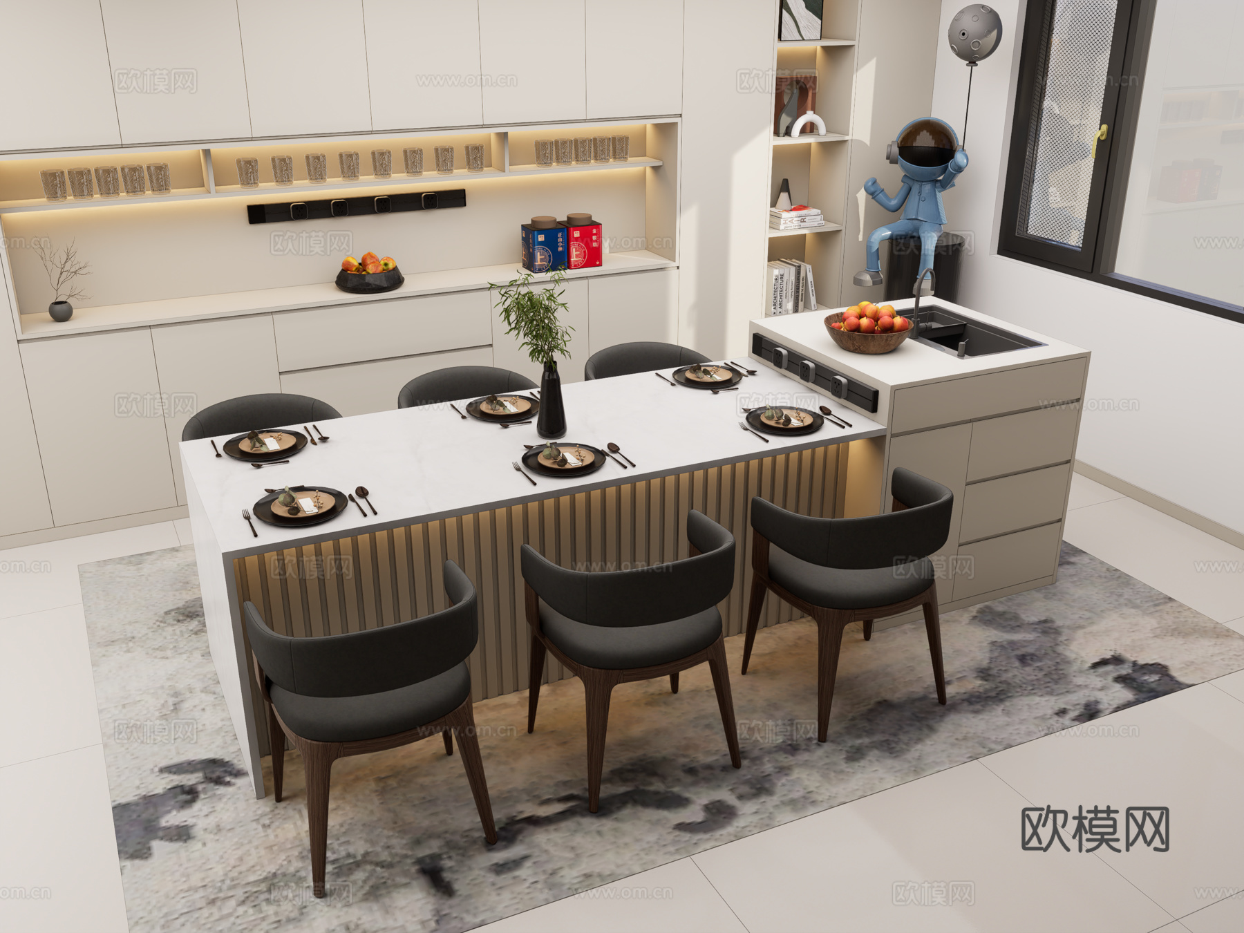 现代岛台餐桌椅 中岛台 家居吧台 餐边柜 摆件su模型