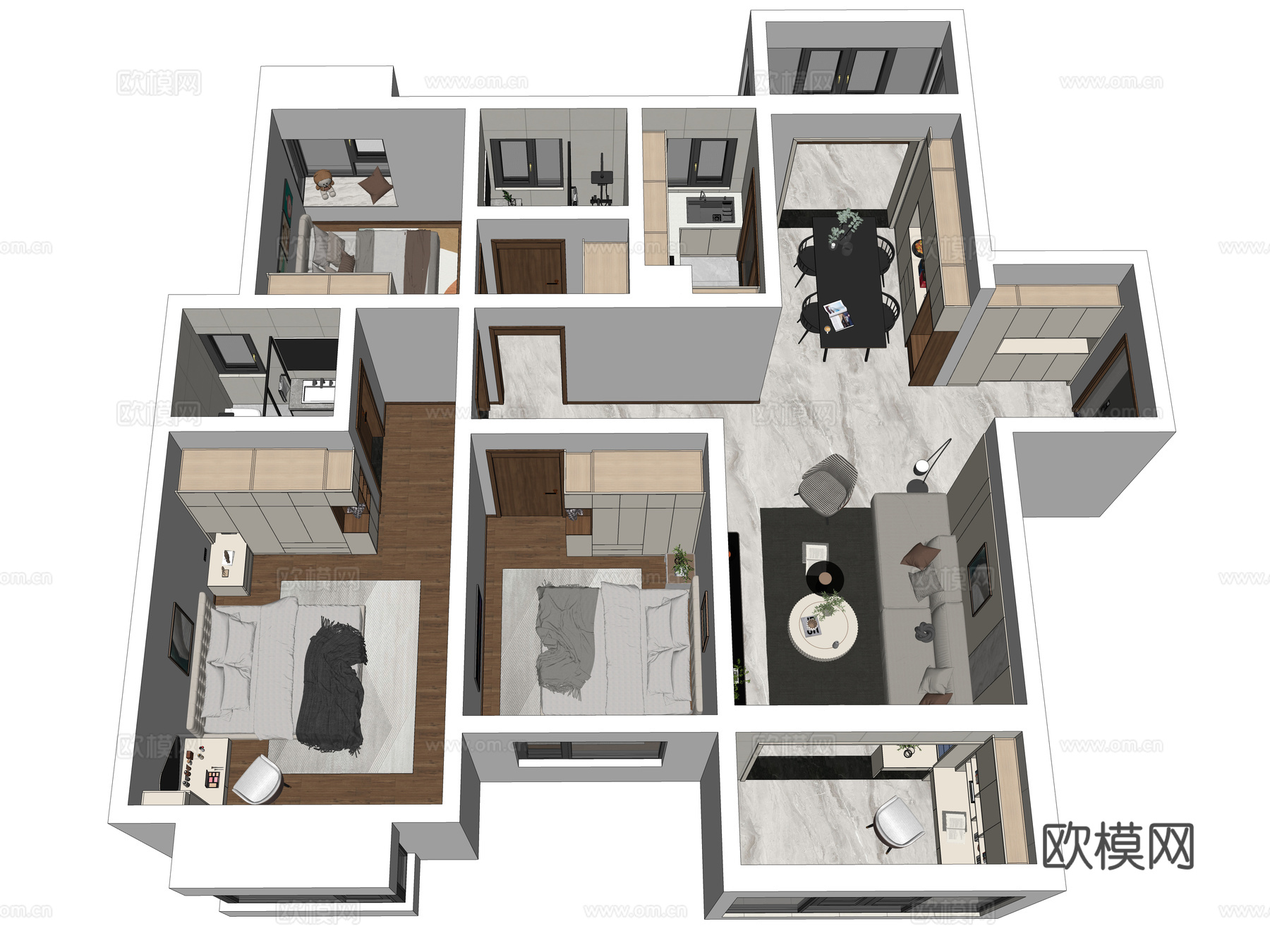 现代风格家装鸟瞰 样板房 客餐厅卧室 厨房卫生间 家具组合su模型