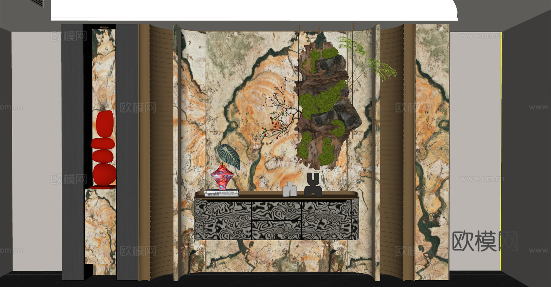 轻奢玄关背景墙 玄关过道背景 端景台 艺术装置 植物挂件 花su模型