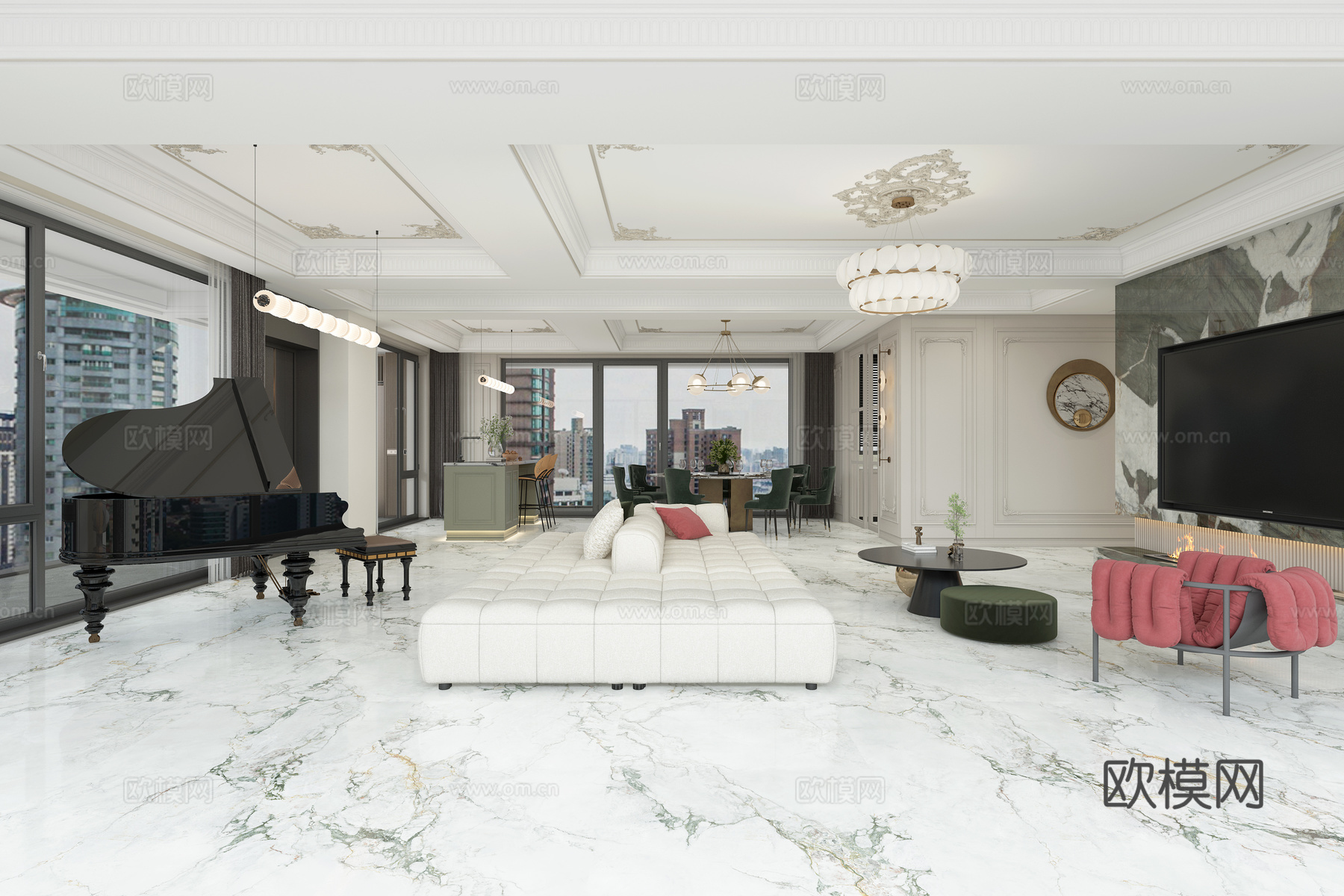 法式客餐厅 大平层 水吧台 钢琴 圆形餐桌 法式鎏金吊顶 法3d模型下载（渲染图1）