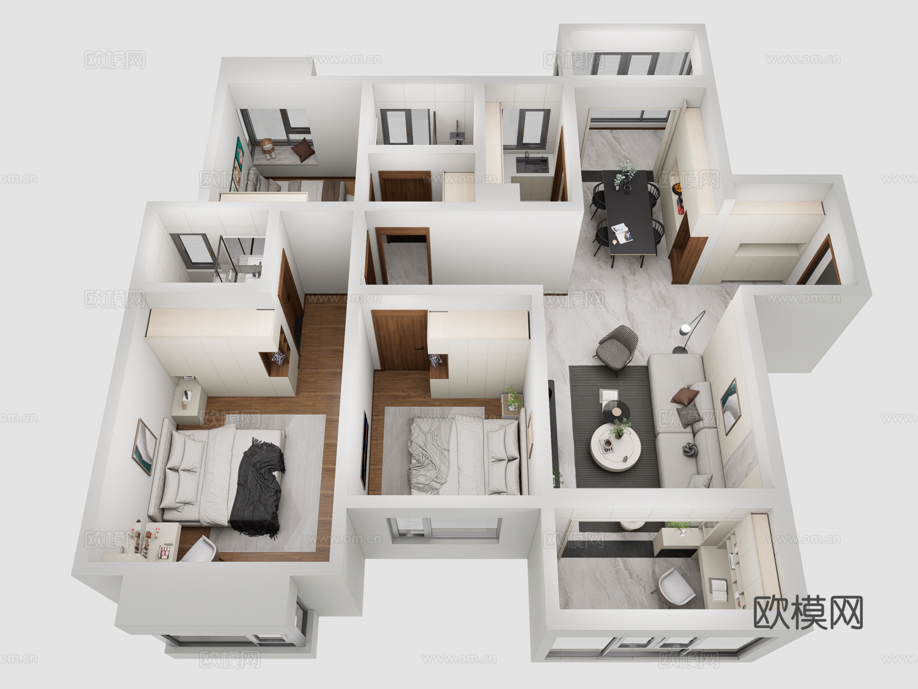 现代风格家装鸟瞰 样板房 客餐厅卧室 厨房卫生间 家具组合su模型
