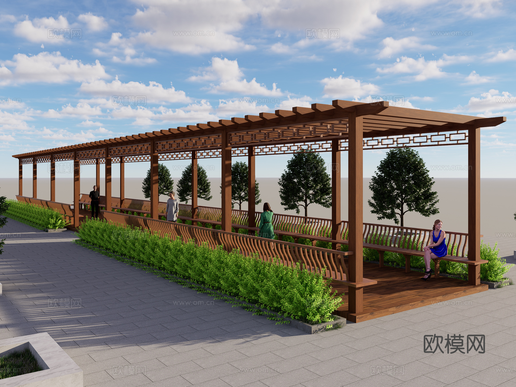 新中式廊架 休闲长走廊 景观休闲区 葡萄架凉亭 长条形su模型