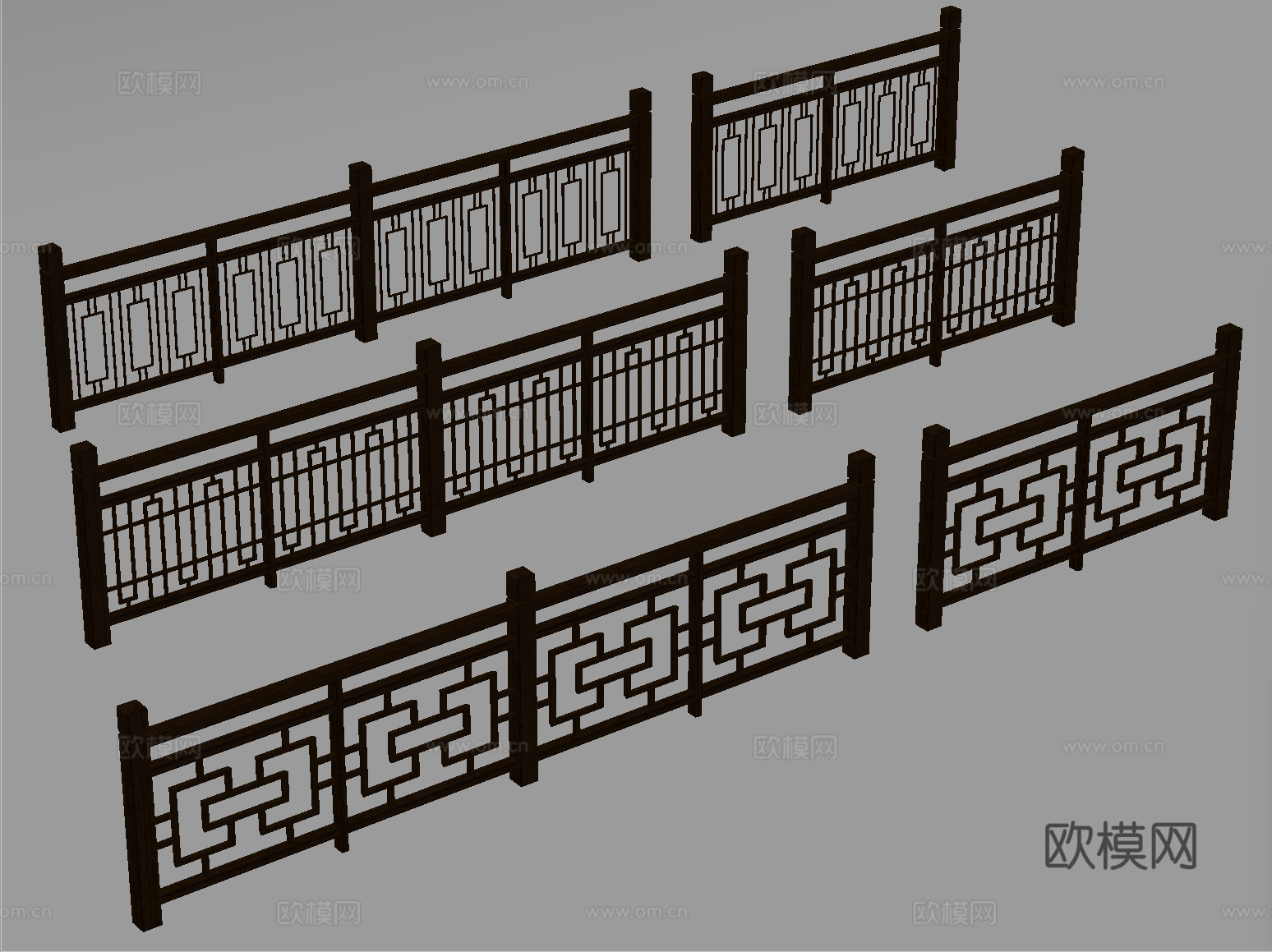 新中式栏杆护栏 栅栏围栏 实木围栏护栏su模型