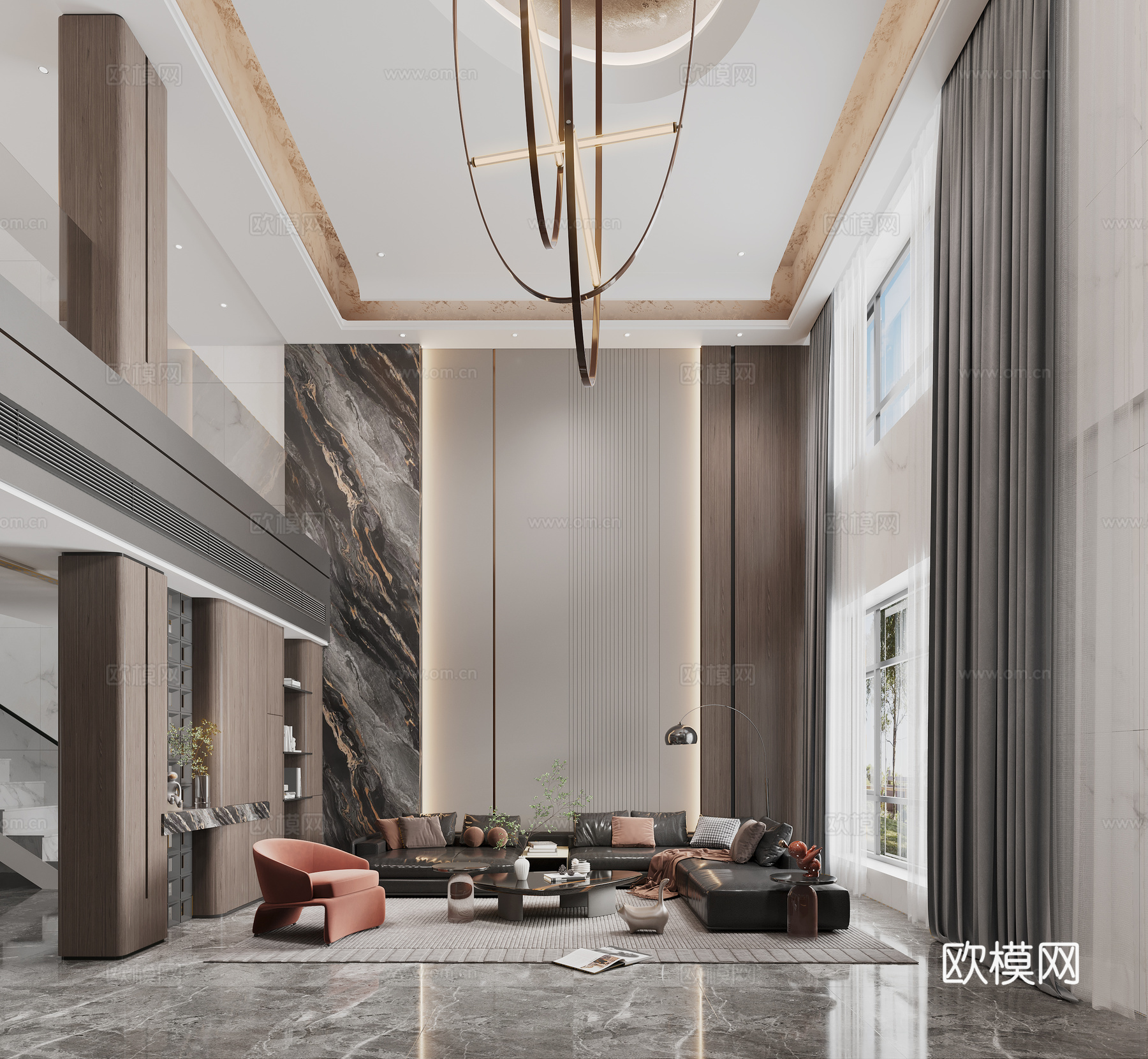 意式轻奢复式挑空客餐厅别墅 奢石玄关装饰柜 吊灯落地灯雕塑3d模型下载（渲染图3）