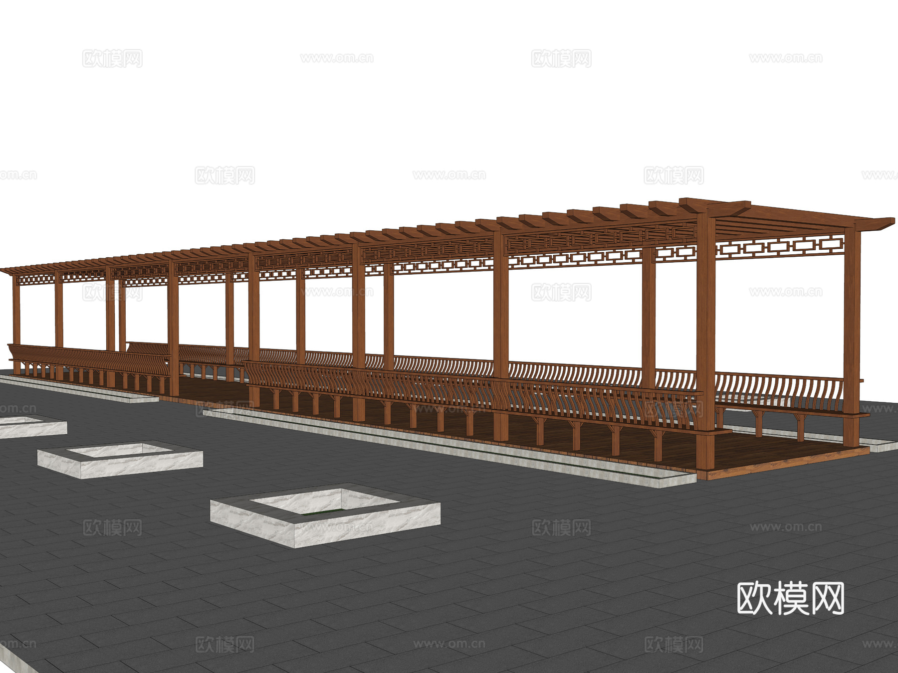 新中式廊架 休闲长走廊 景观休闲区 葡萄架凉亭 长条形su模型