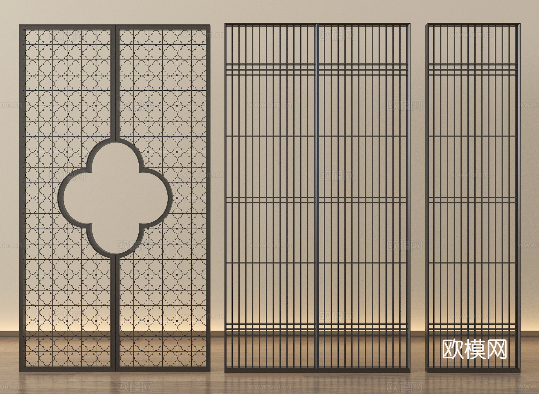 新中式屏风隔断 格栅屏风隔断su模型