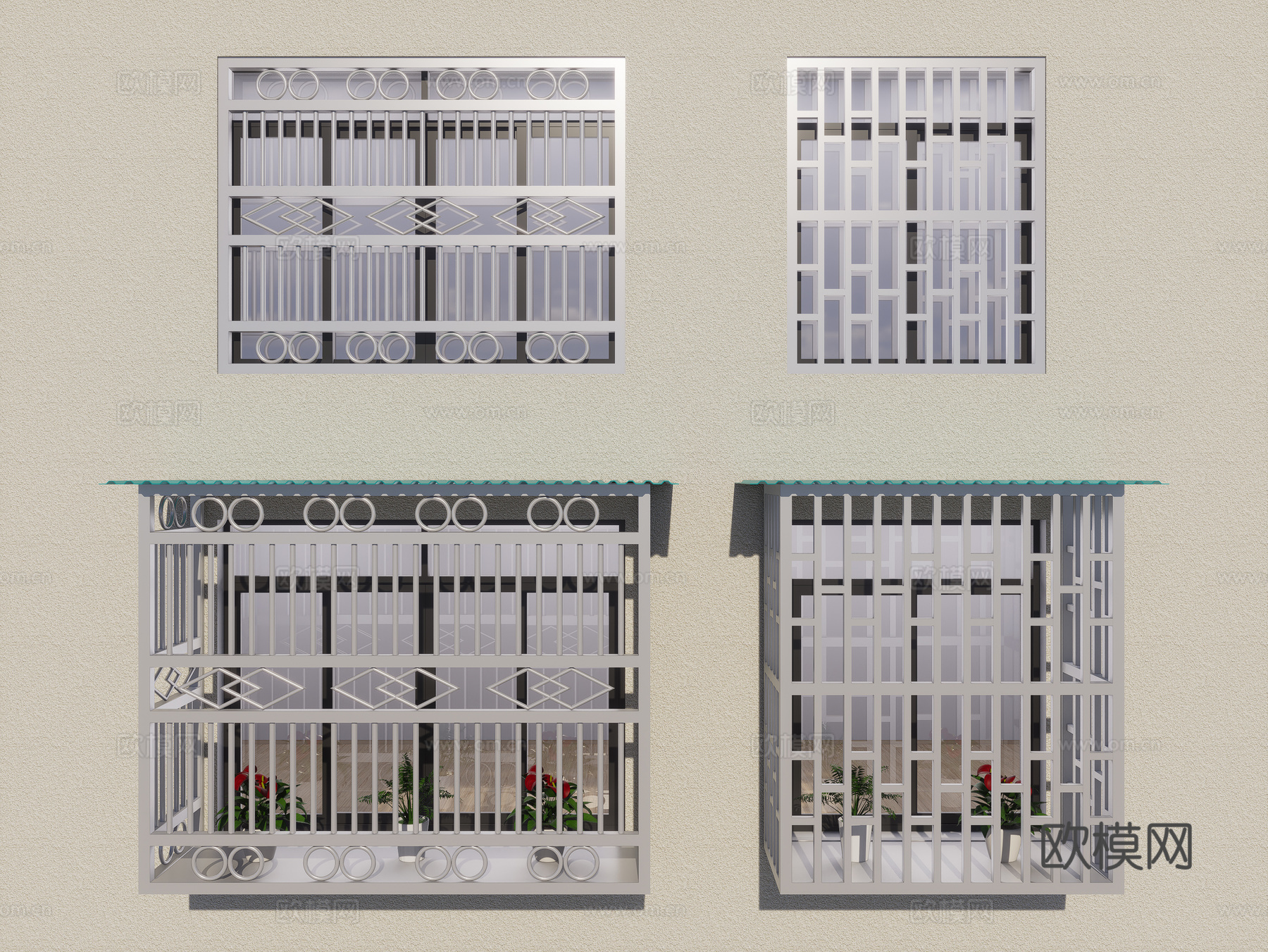 现代家居阳台防盗窗 不锈钢防盗窗 防盗围栏 防护窗 防盗网su模型