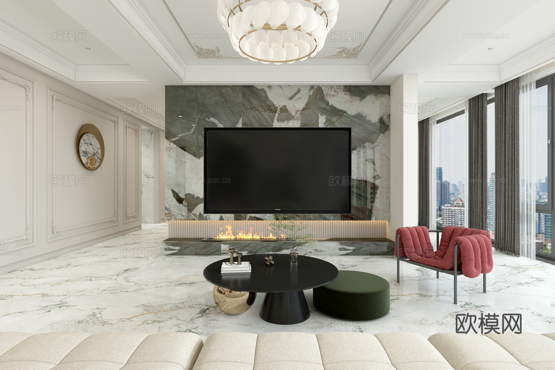 法式客餐厅 大平层 水吧台 钢琴 圆形餐桌 法式鎏金吊顶 法3d模型下载（渲染图6）