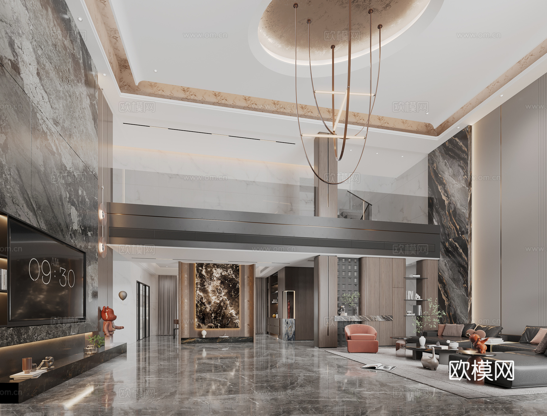 意式轻奢复式挑空客餐厅别墅 奢石玄关装饰柜 吊灯落地灯雕塑3d模型下载（渲染图2）