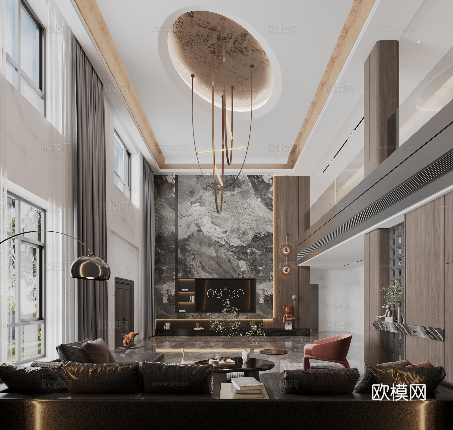 意式轻奢复式挑空客餐厅别墅 奢石玄关装饰柜 吊灯落地灯雕塑3d模型下载（渲染图1）