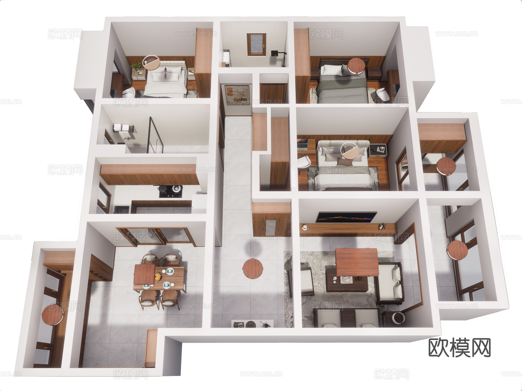 新中式家装鸟瞰 原木风格 大平层 鸟瞰图 新中式家装风格su模型