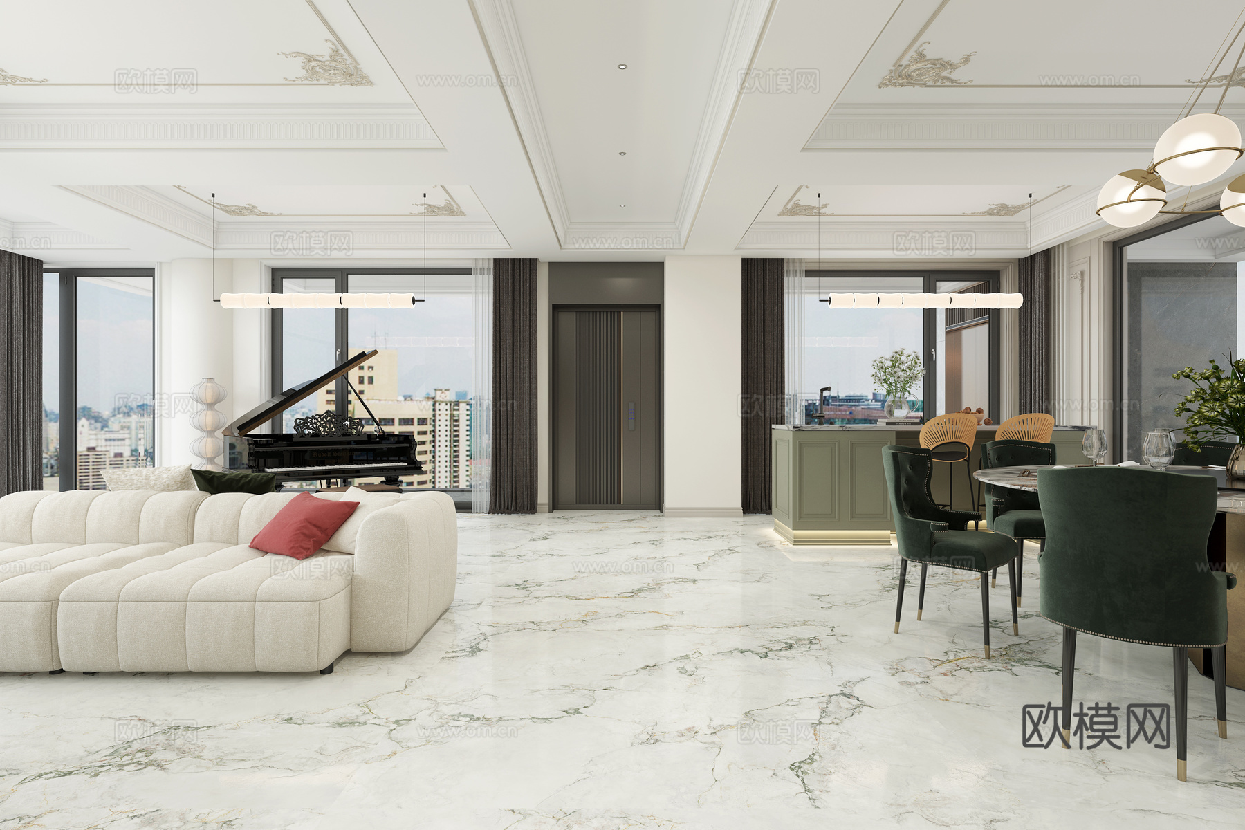 法式客餐厅 大平层 水吧台 钢琴 圆形餐桌 法式鎏金吊顶 法3d模型下载（渲染图3）