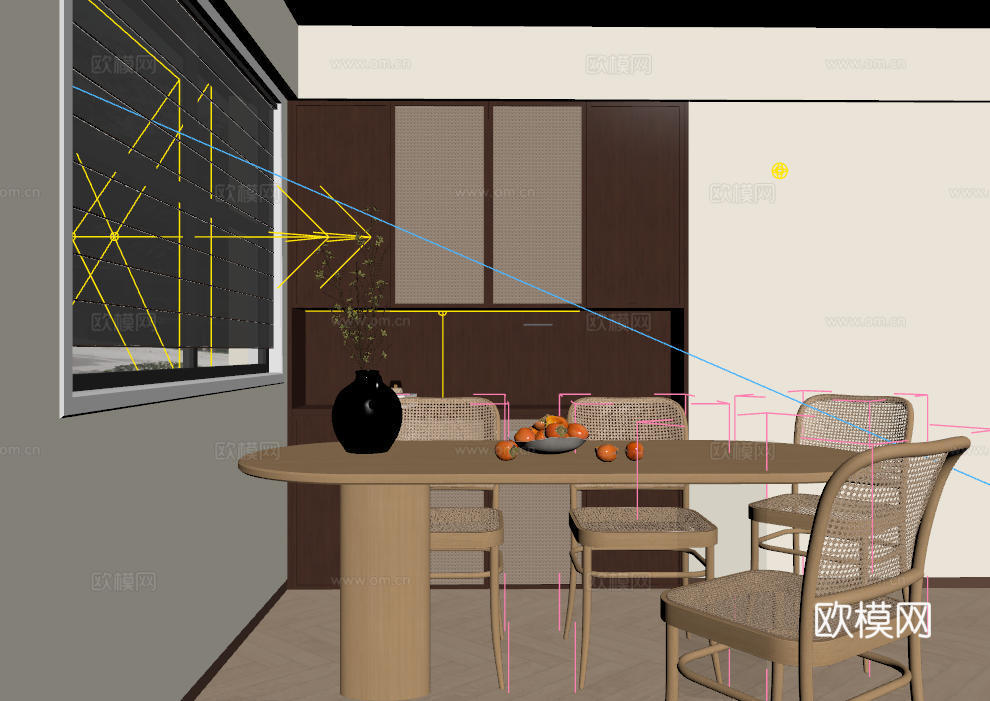 现代侘寂中古风餐厅 餐桌椅 餐边柜 酒柜 无主灯餐厅 盆栽3d模型下载（渲染图3）
