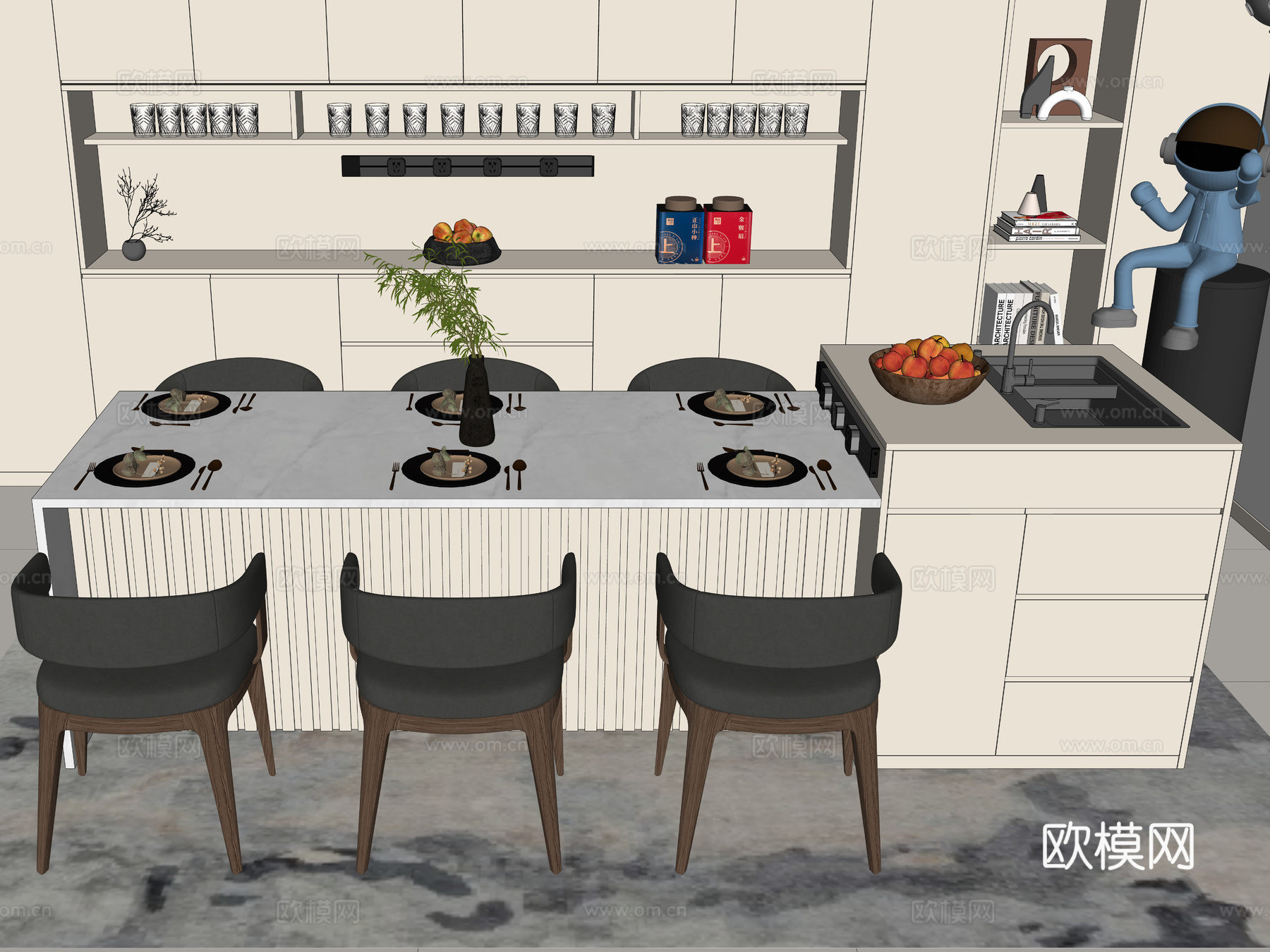 现代岛台餐桌椅 中岛台 家居吧台 餐边柜 摆件su模型