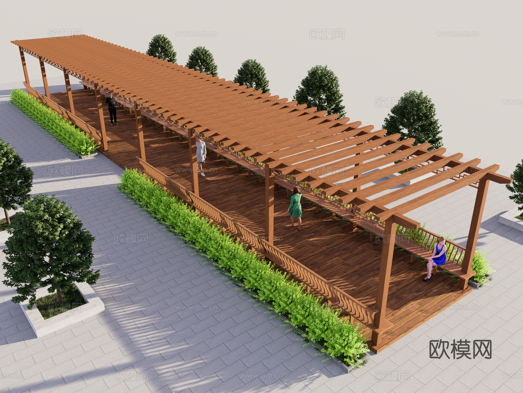 新中式廊架 休闲长走廊 景观休闲区 葡萄架凉亭 长条形su模型