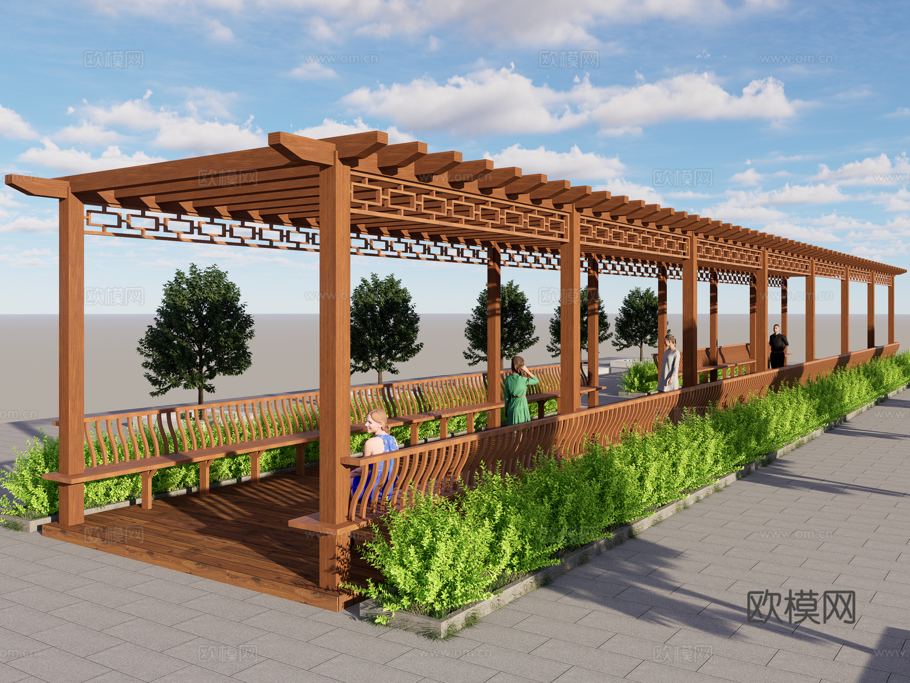 新中式廊架 休闲长走廊 景观休闲区 葡萄架凉亭 长条形su模型