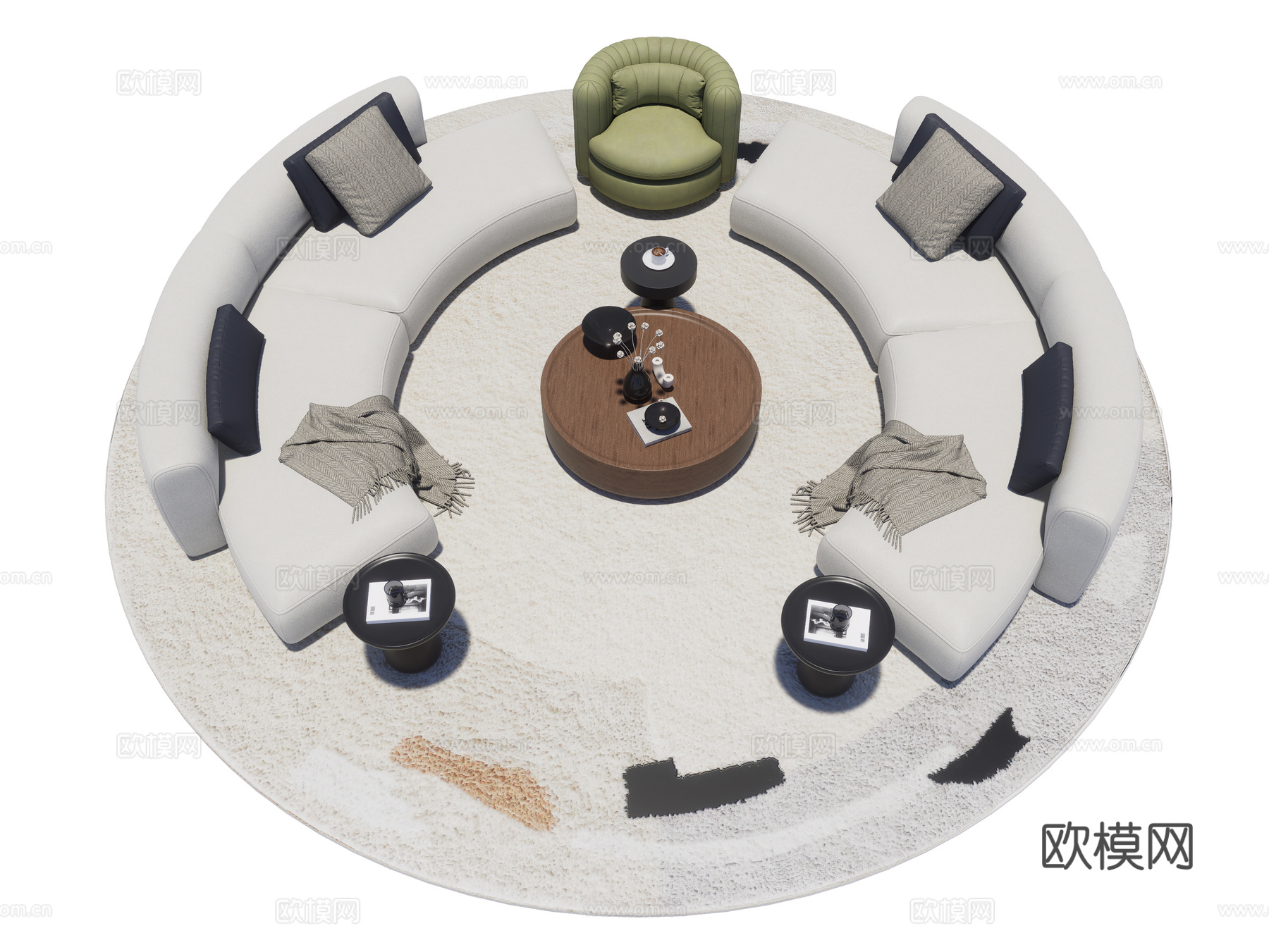 现代沙发茶几组合 弧形沙发 多人沙发 圆形茶几 休闲沙发su模型
