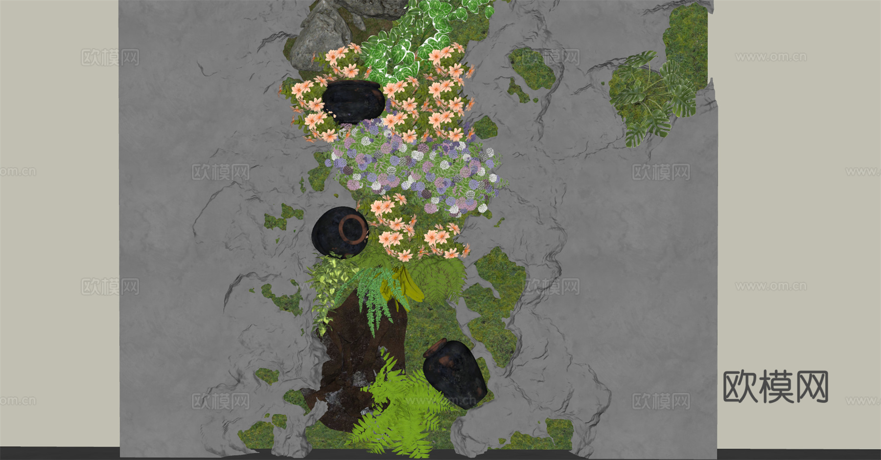 现代植物墙 绿植墙 室内造景 石头造景 植物造景su模型