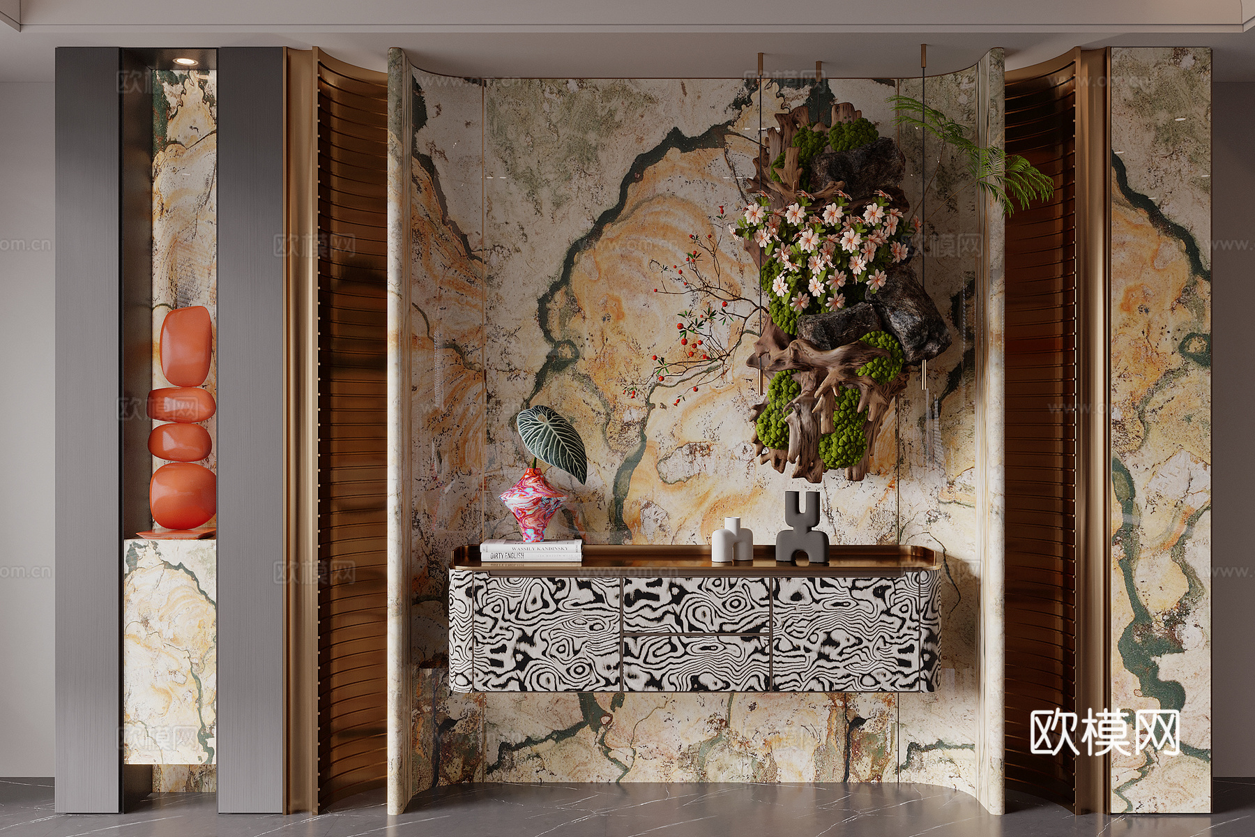 轻奢玄关背景墙 玄关过道背景 端景台 艺术装置 植物挂件 花su模型