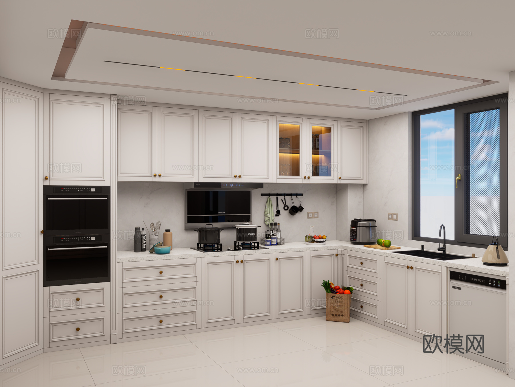 法式开放式厨房 美式U型厨房 橱柜 厨具  厨房用品 厨房su模型