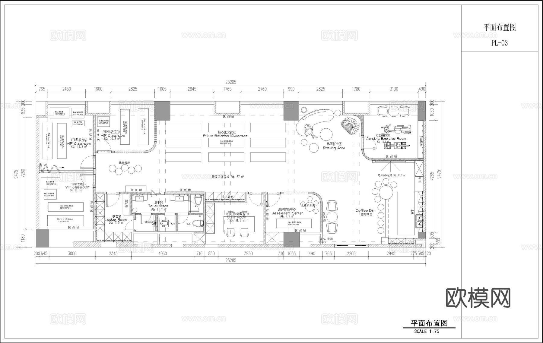 瑜伽室施工图，普拉提cad施工图
