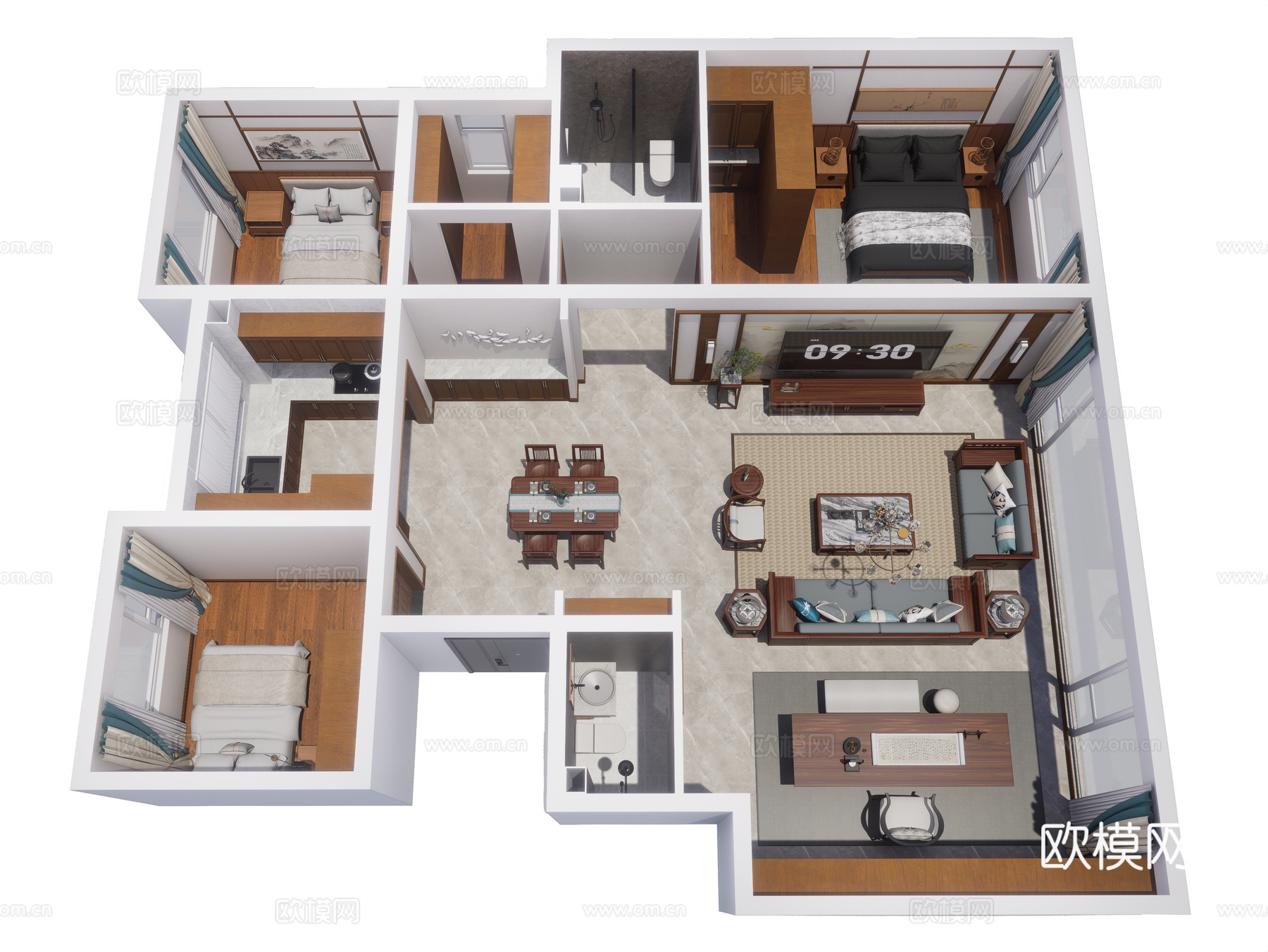 新中式家装鸟瞰 原木风格 大平层 鸟瞰图 新中式家装风格su模型