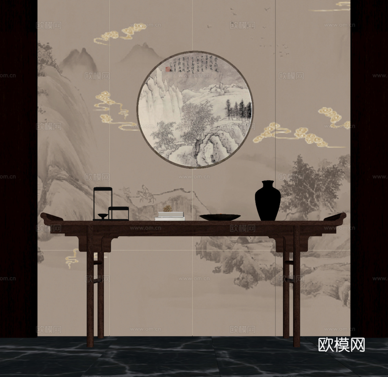 新中式端景台 端景条案su模型