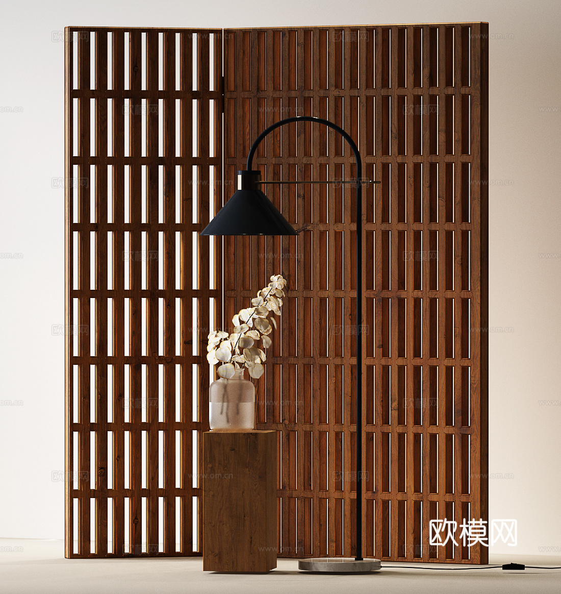 现代屏风 现代中古屏风 木制屏风 落地灯su模型