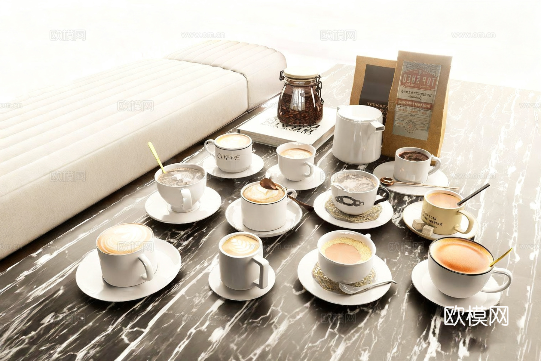 咖啡饮品 咖啡角摆件 拿铁拉花咖啡 书籍与咖啡豆su模型