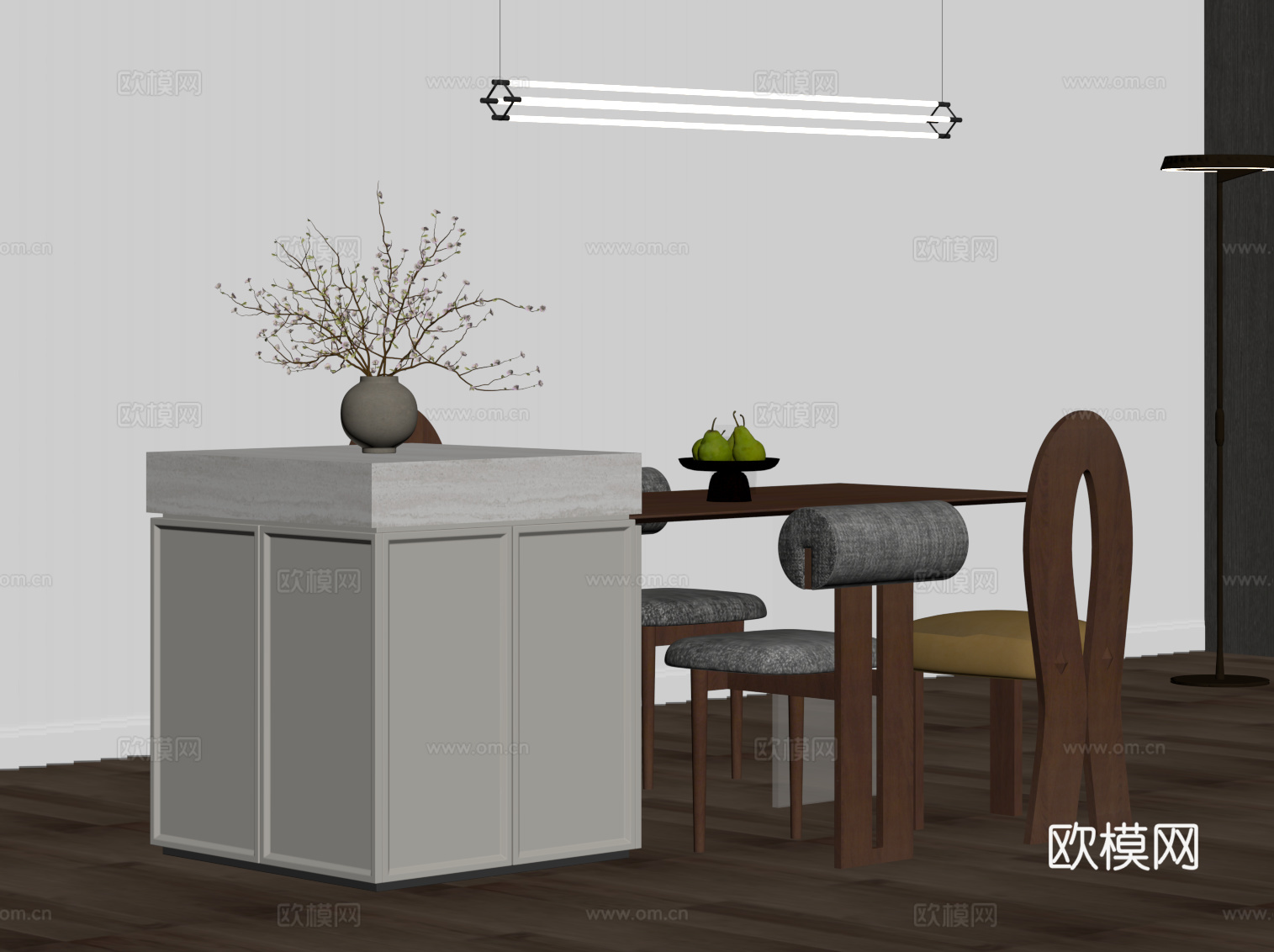 中古风岛台 餐桌椅su模型
